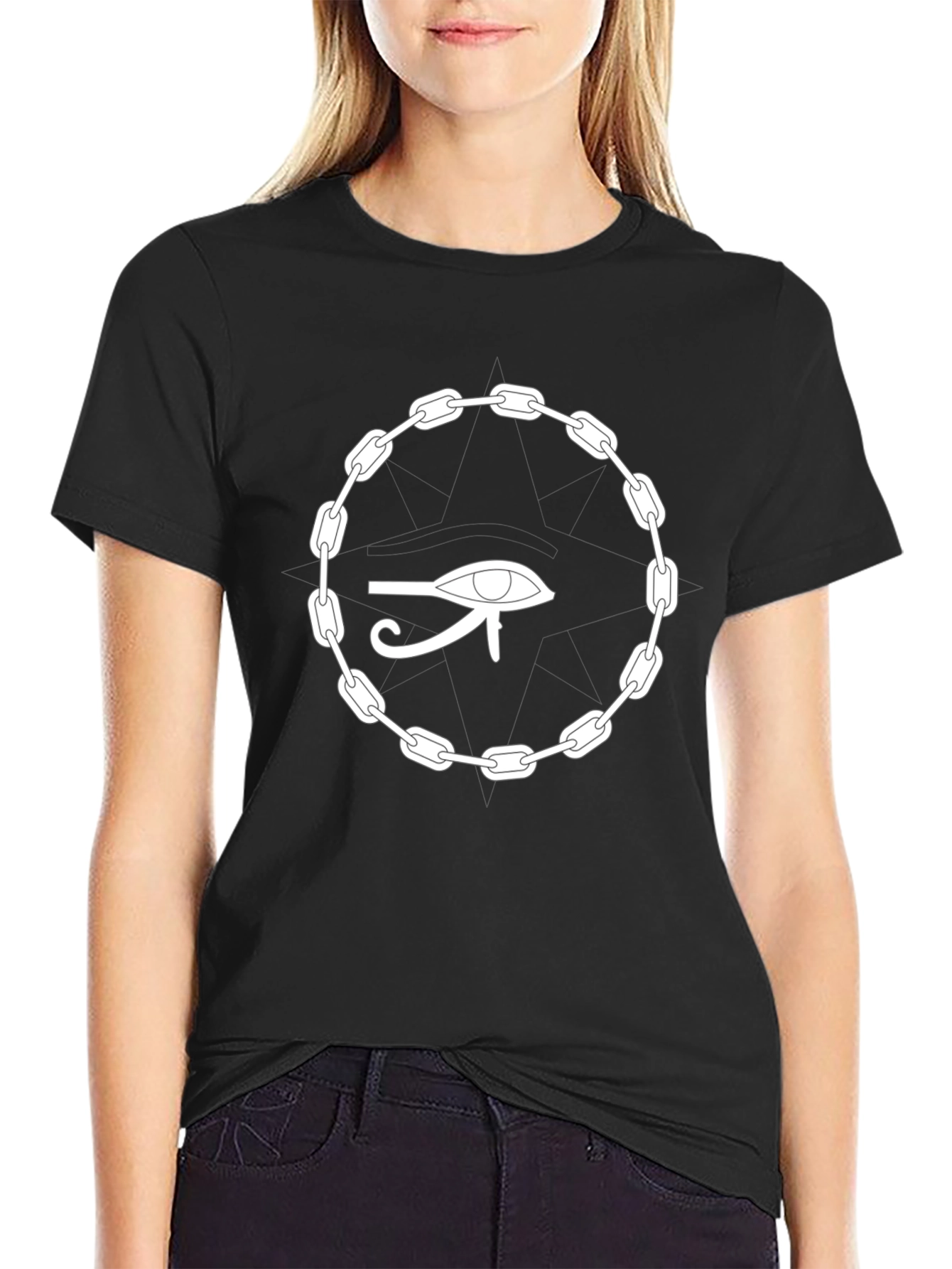 Camiseta Negra Ojo Egipcio Cadena Unisex Algodón