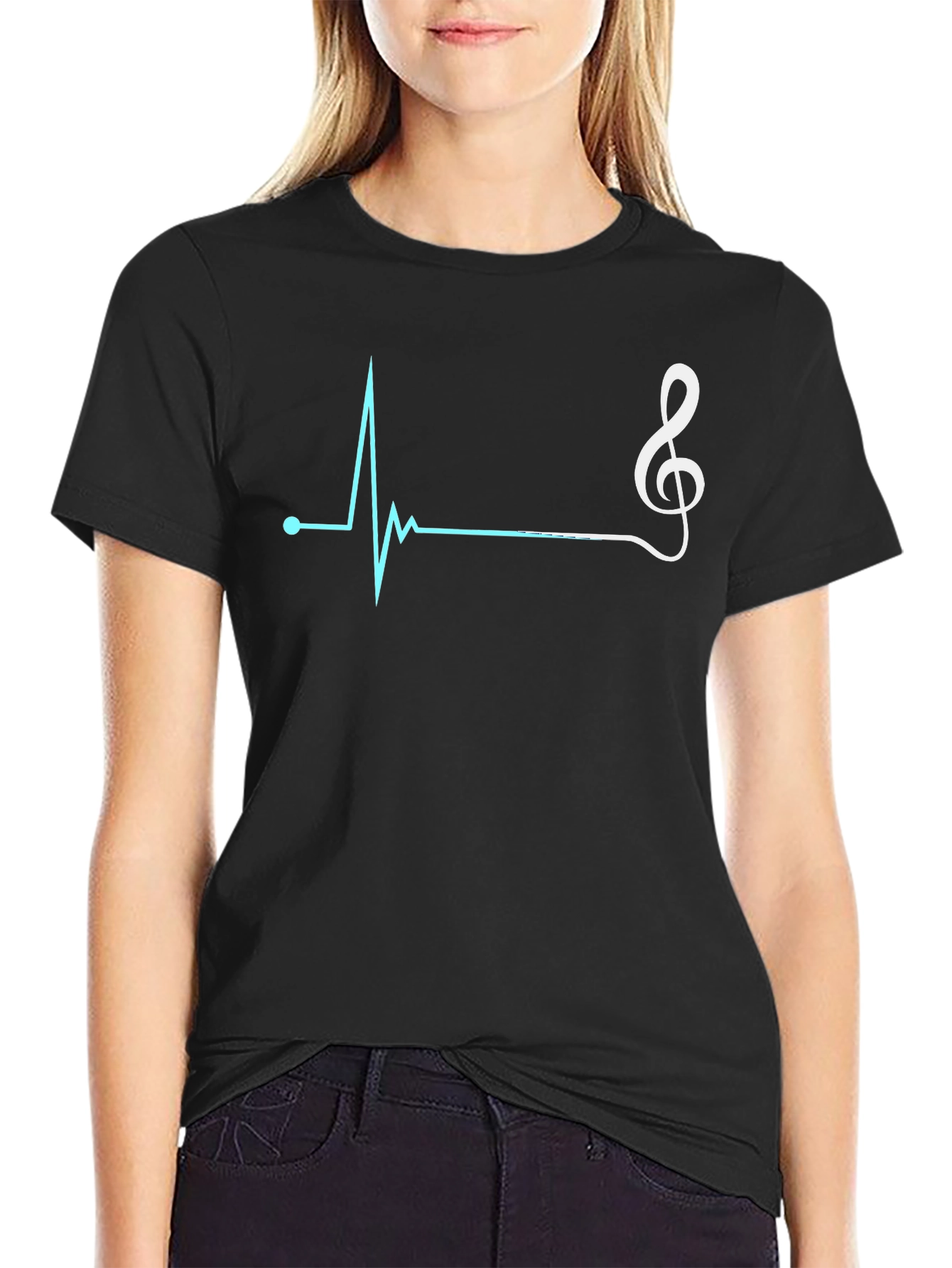 Camiseta Negra con Diseño de Ritmo Cardíaco Musical