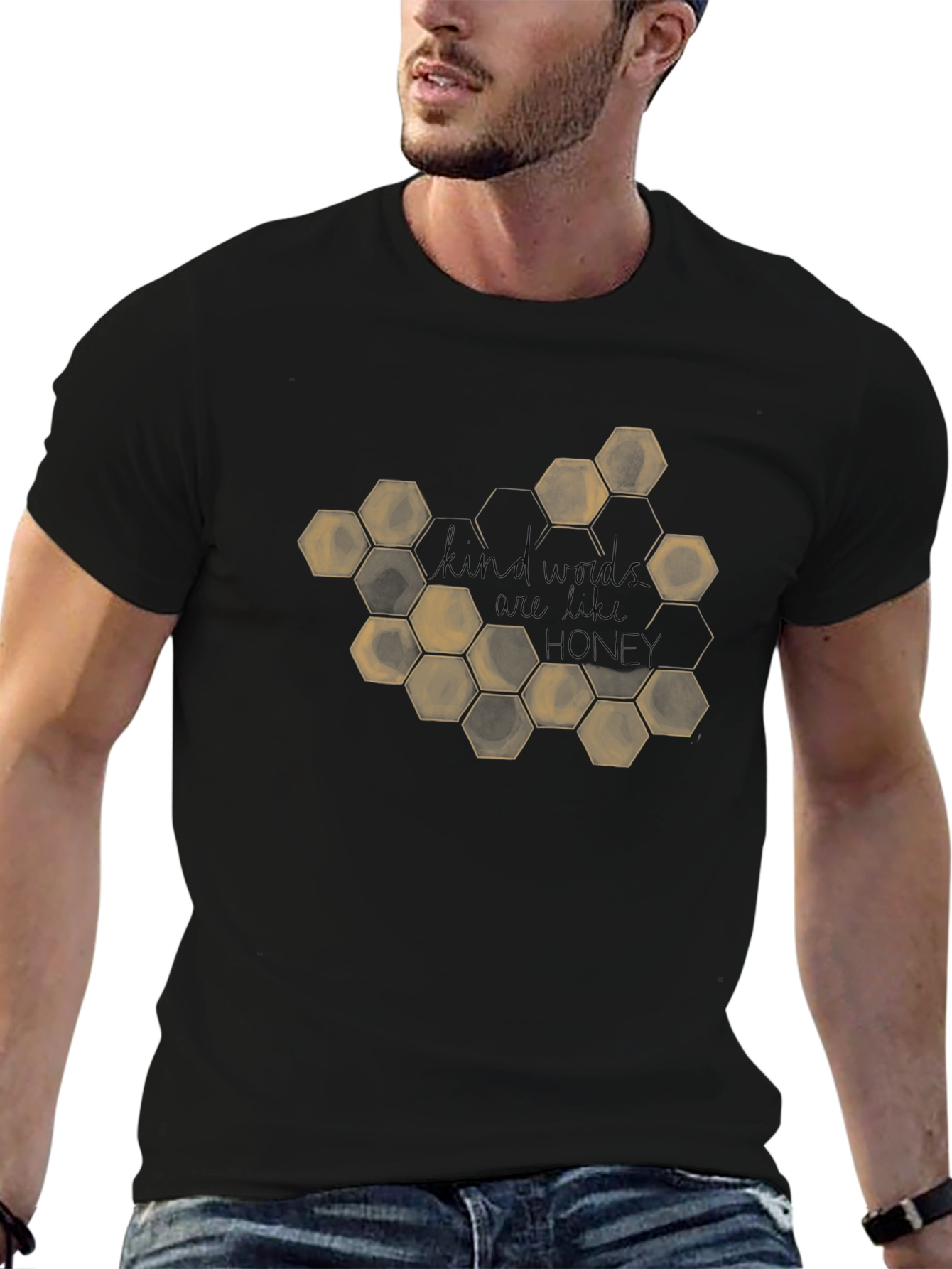 Camiseta Negra con Diseño de Panal y Frase Motivacional