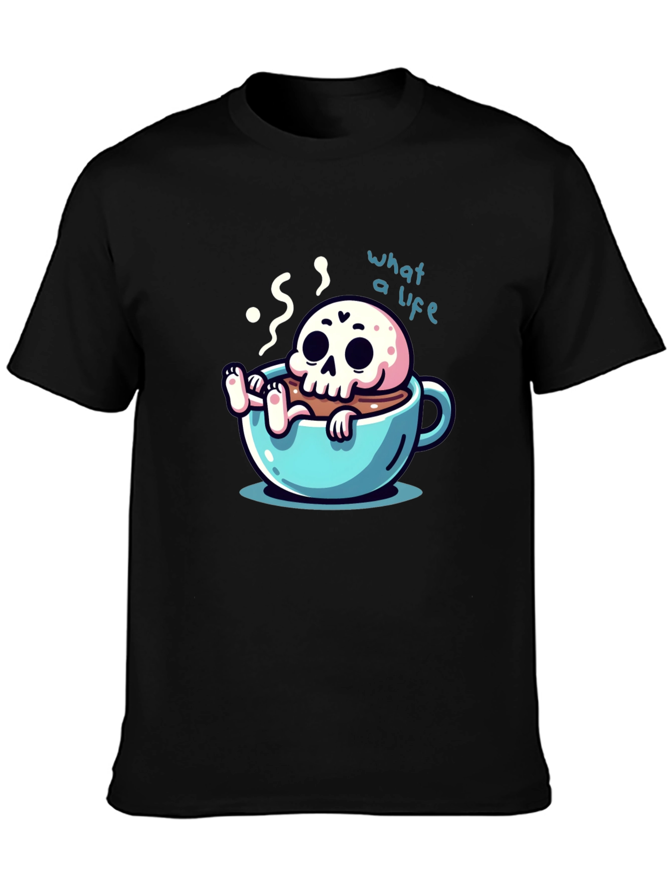 Camiseta negra con diseño de calavera en taza