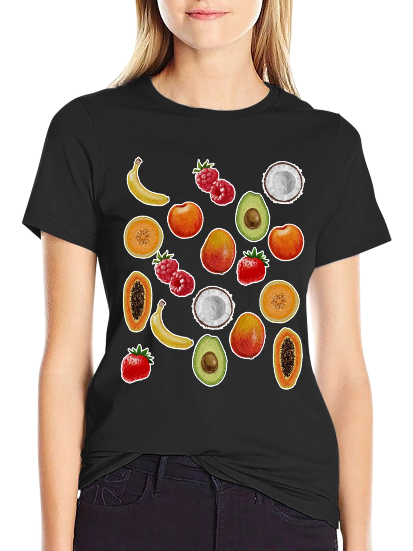 Camiseta Negra con Estampado de Frutas Tropicales