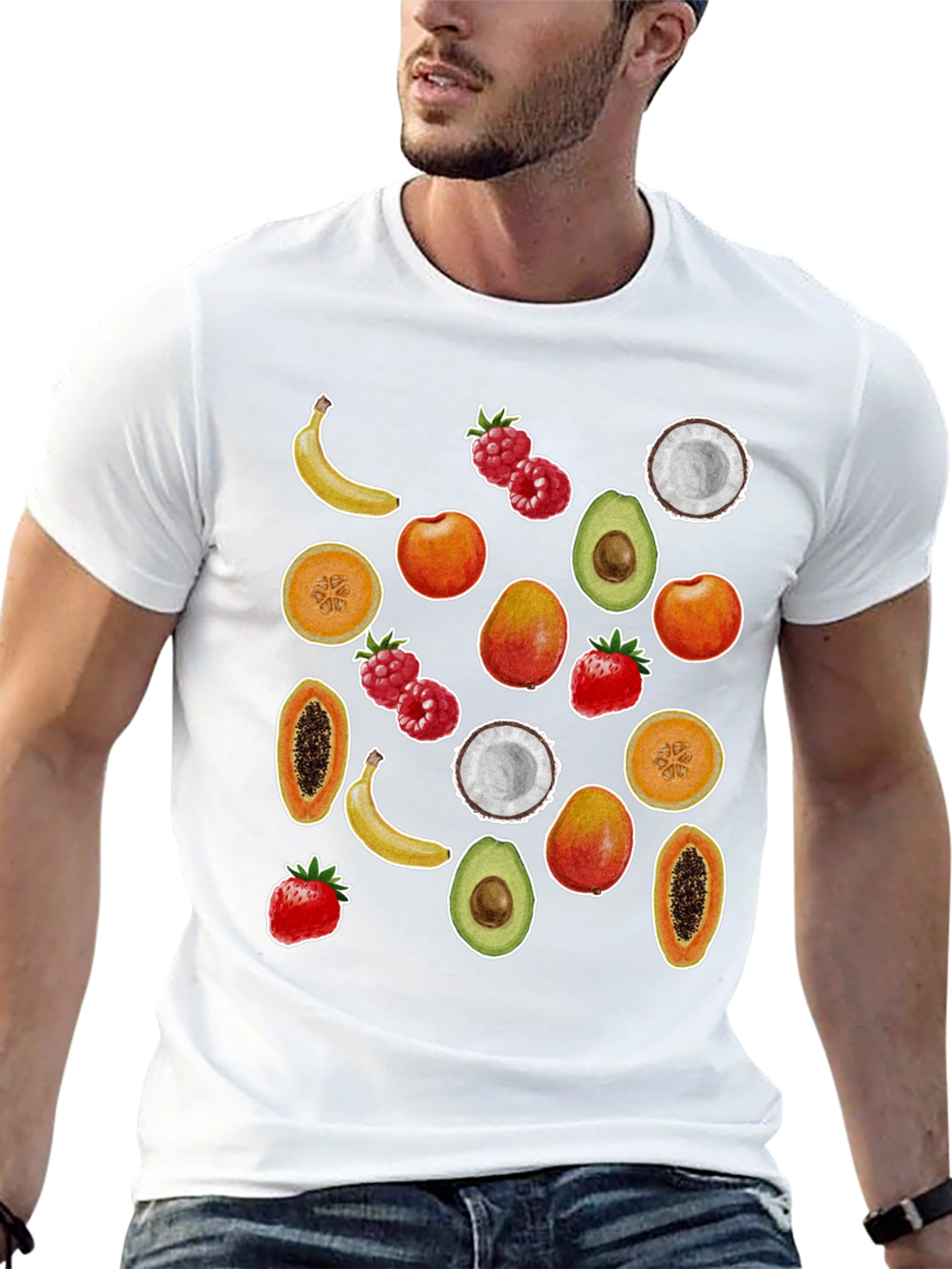 Camiseta Negra con Estampado de Frutas Tropicales