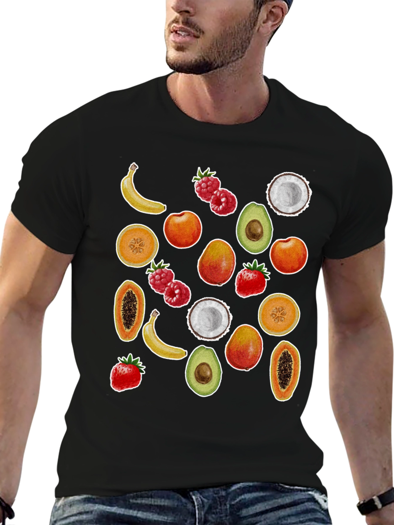 Camiseta Negra con Estampado de Frutas Tropicales