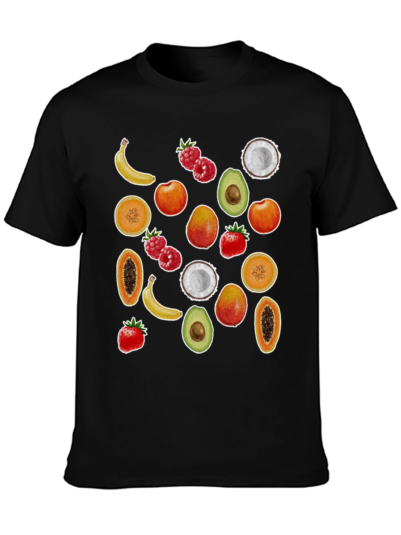 Camiseta Negra con Estampado de Frutas Tropicales