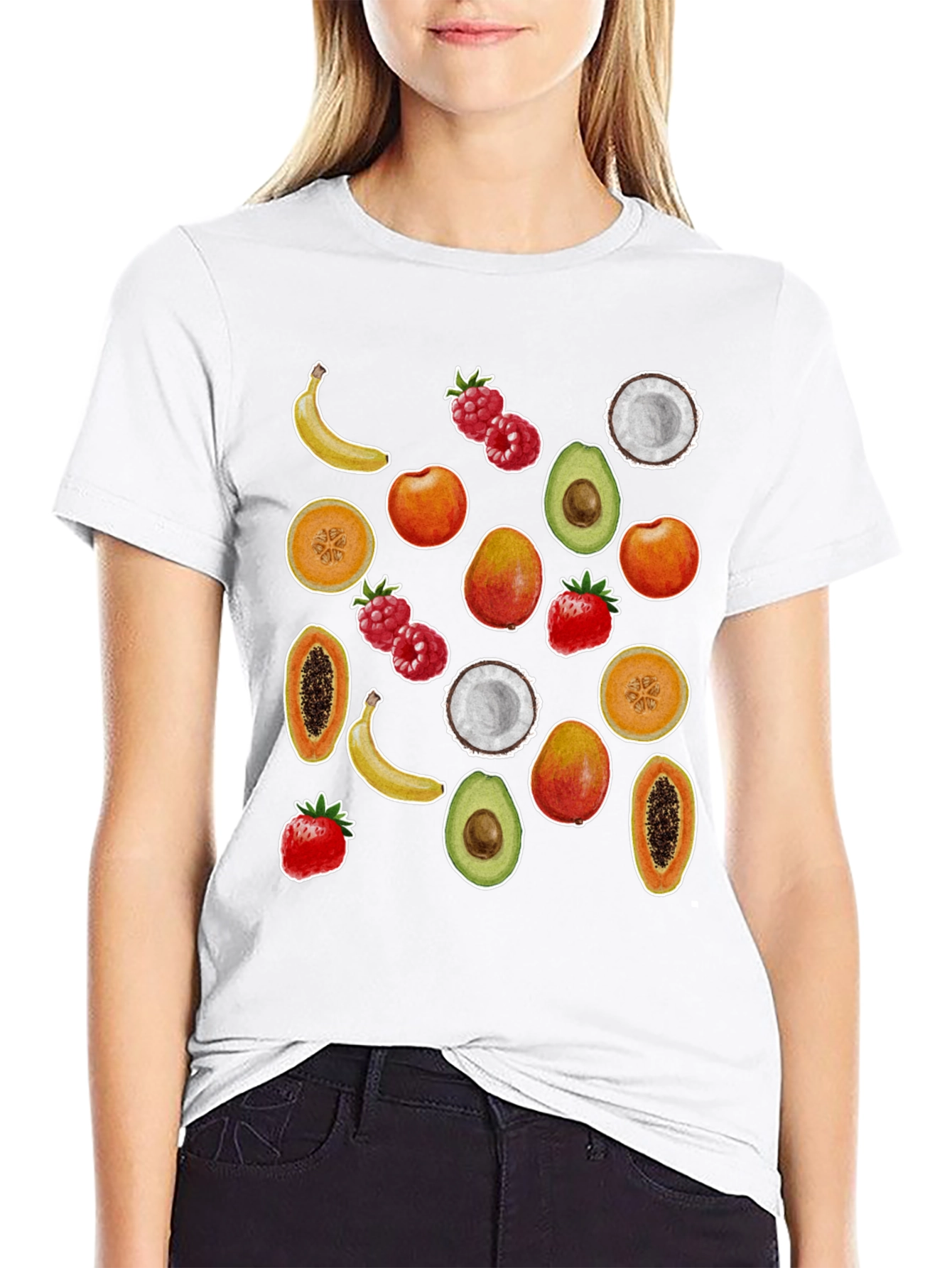 Camiseta Negra con Estampado de Frutas Tropicales