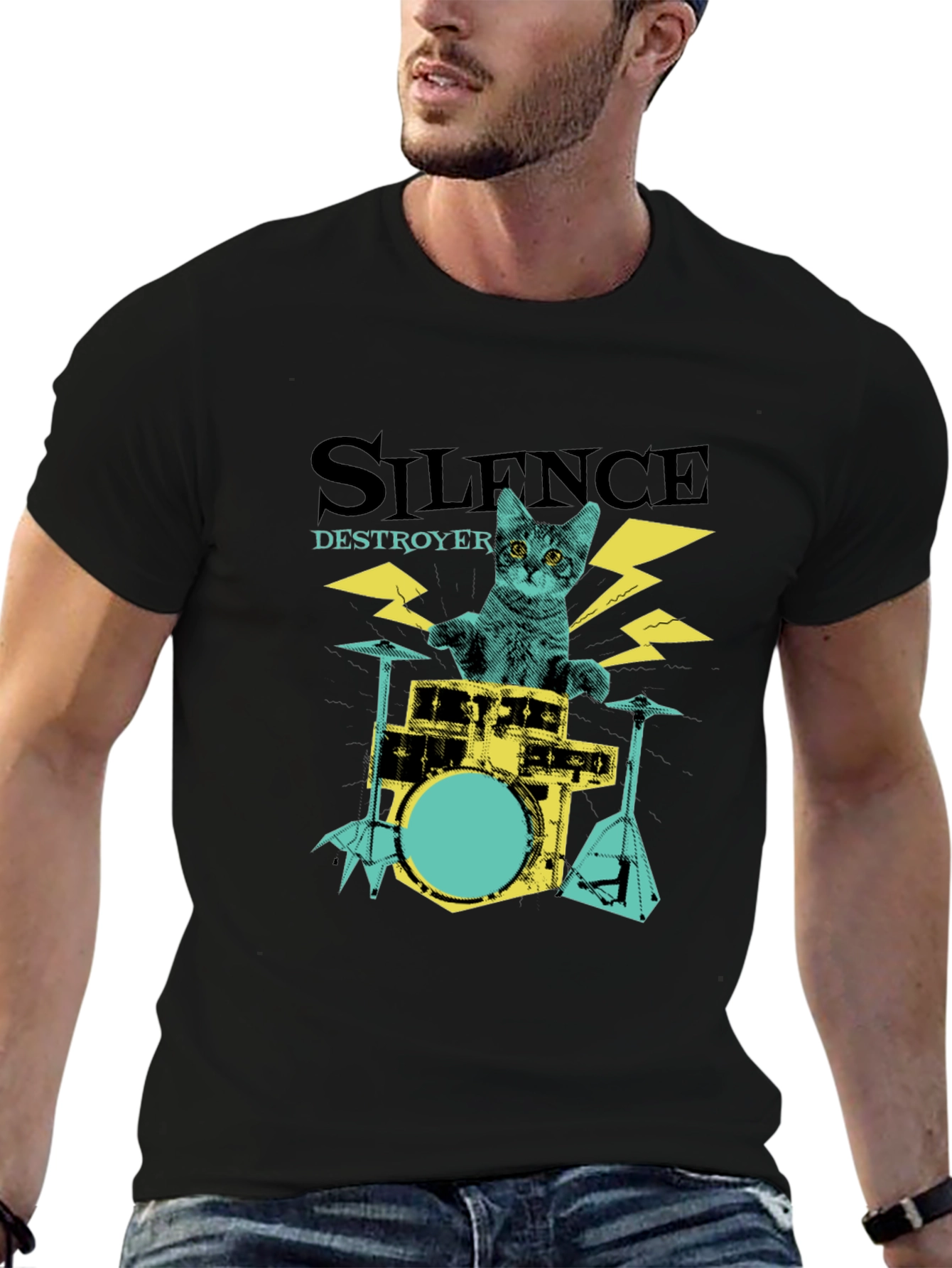 Camiseta Negra Silence Destroyer Gato Baterista
