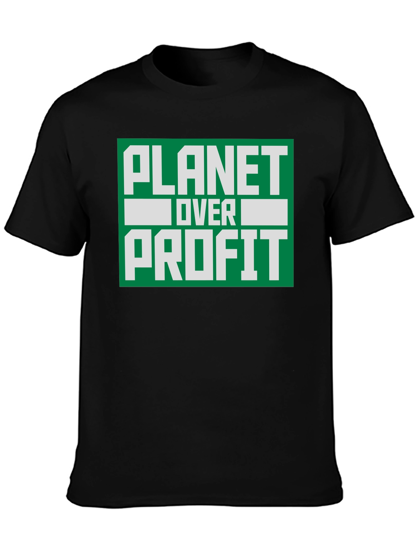 Camiseta Negra Planeta Sobre Ganancia - Conciencia Ambiental