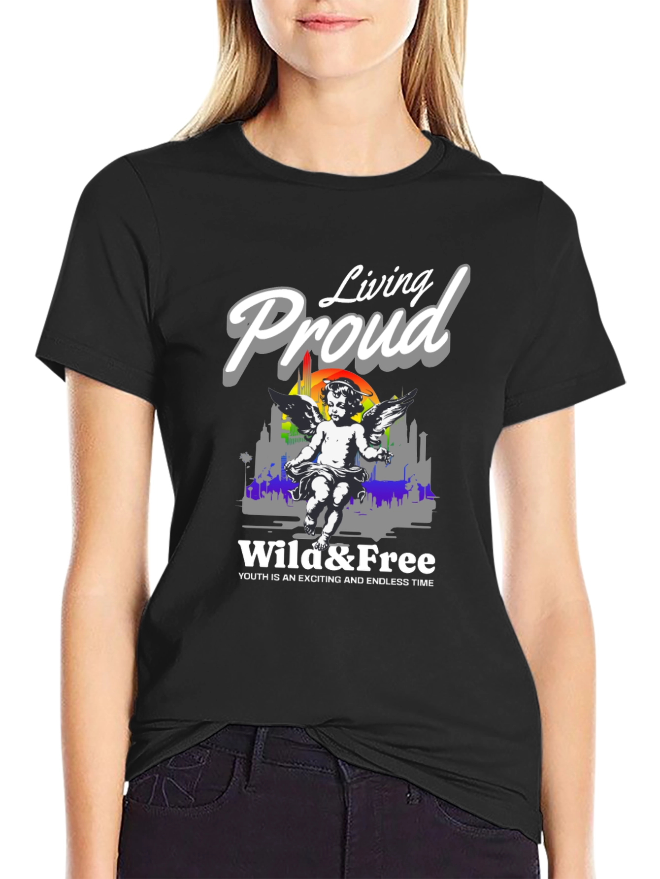 Camiseta Negra Living Proud Ángel y Libertad