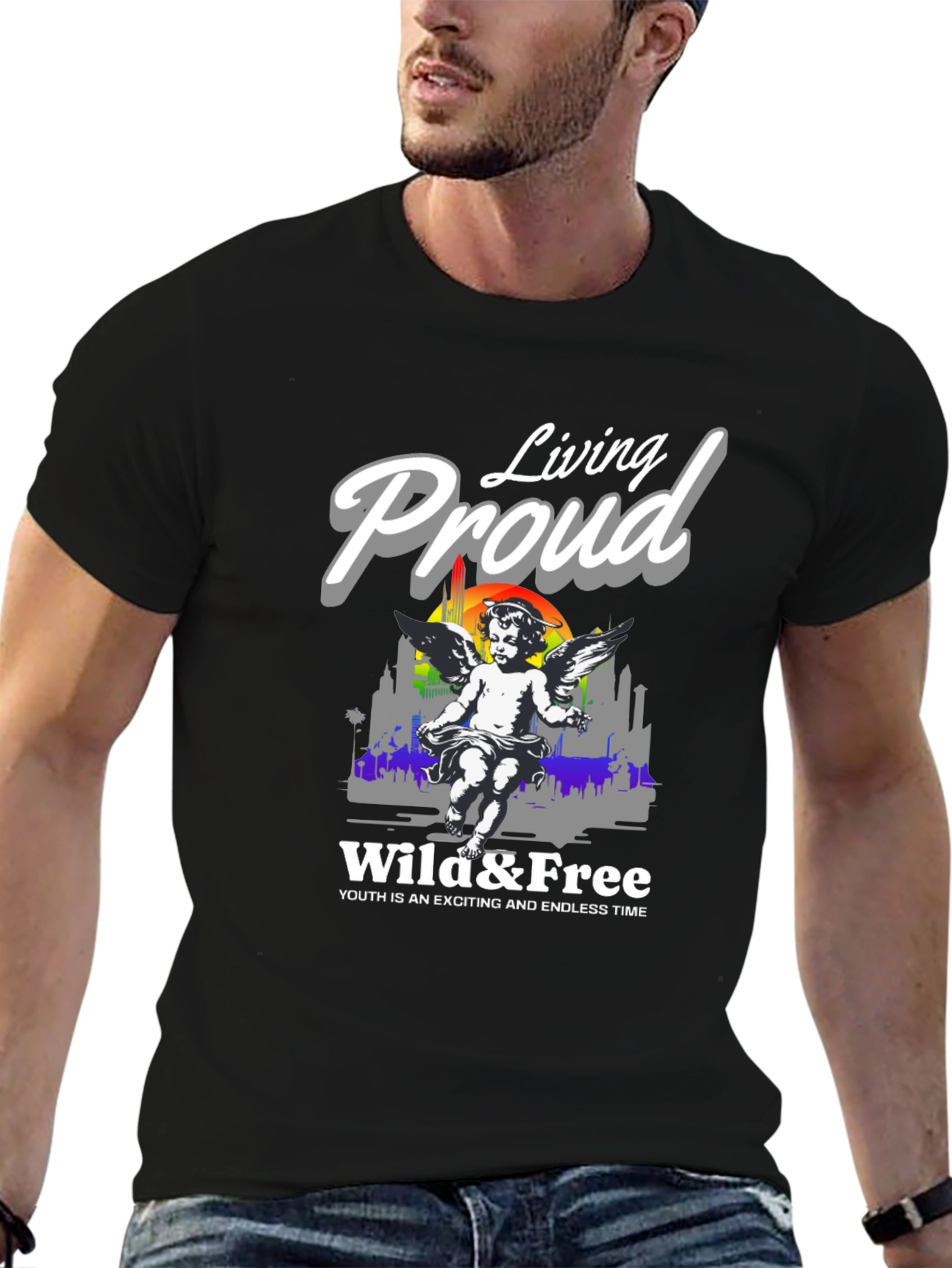 Camiseta Negra Living Proud Ángel y Libertad