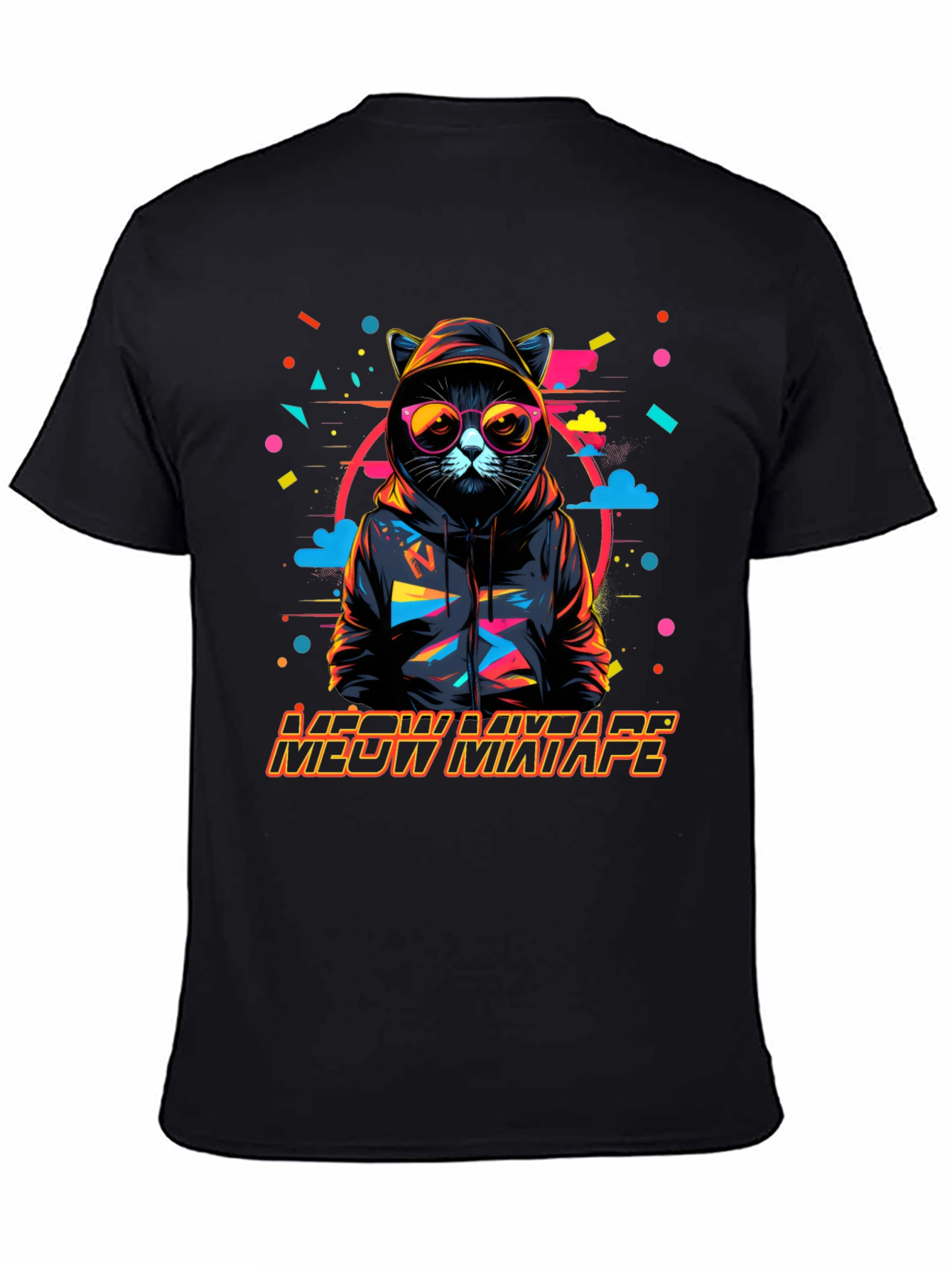 Camiseta Negra con Diseño de Gato DJ Meow Mixtape