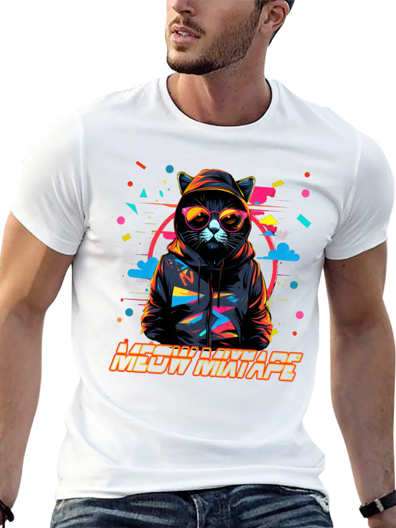 Camiseta Negra con Diseño de Gato DJ Meow Mixtape