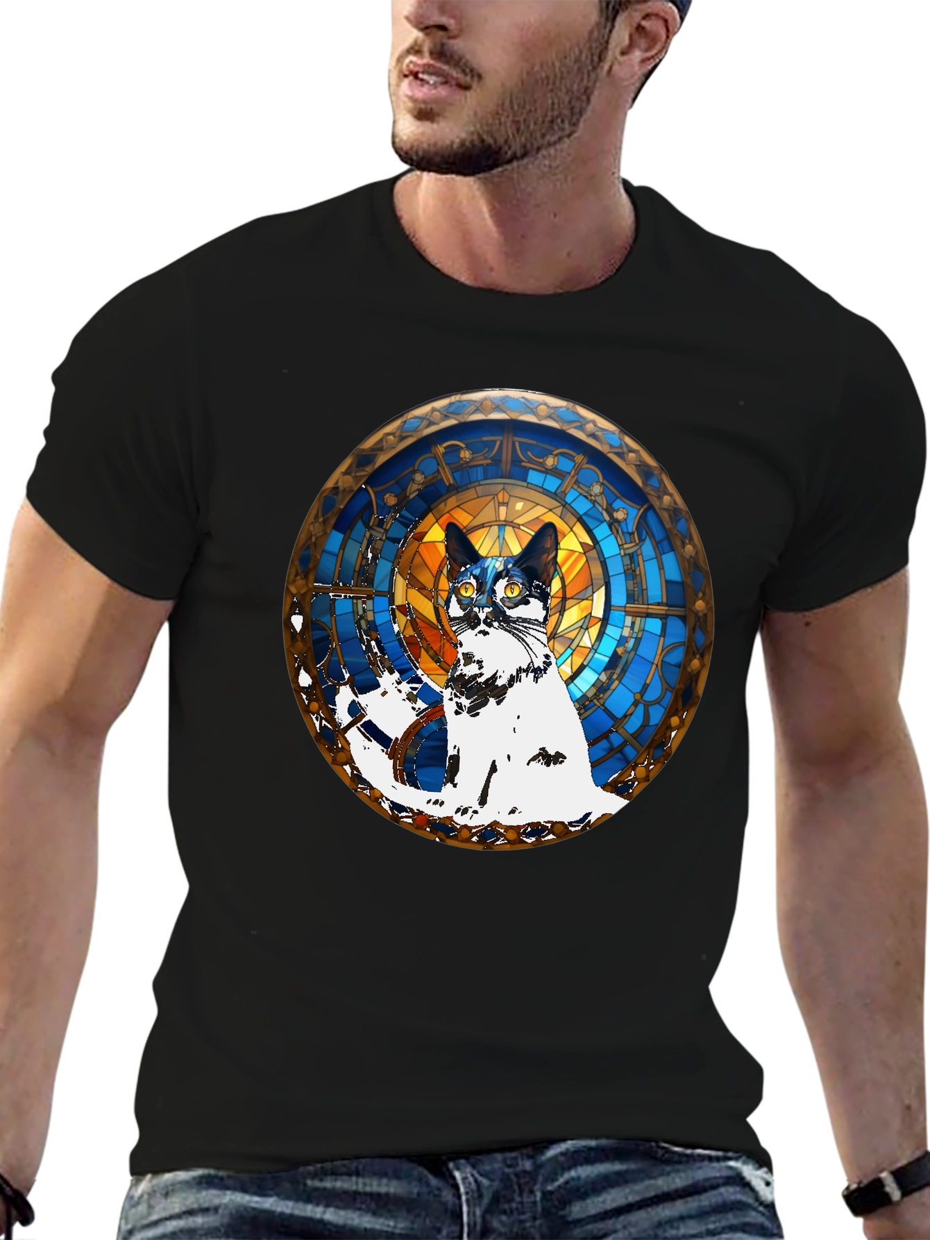Camiseta Negra con Diseño de Gato Vitral