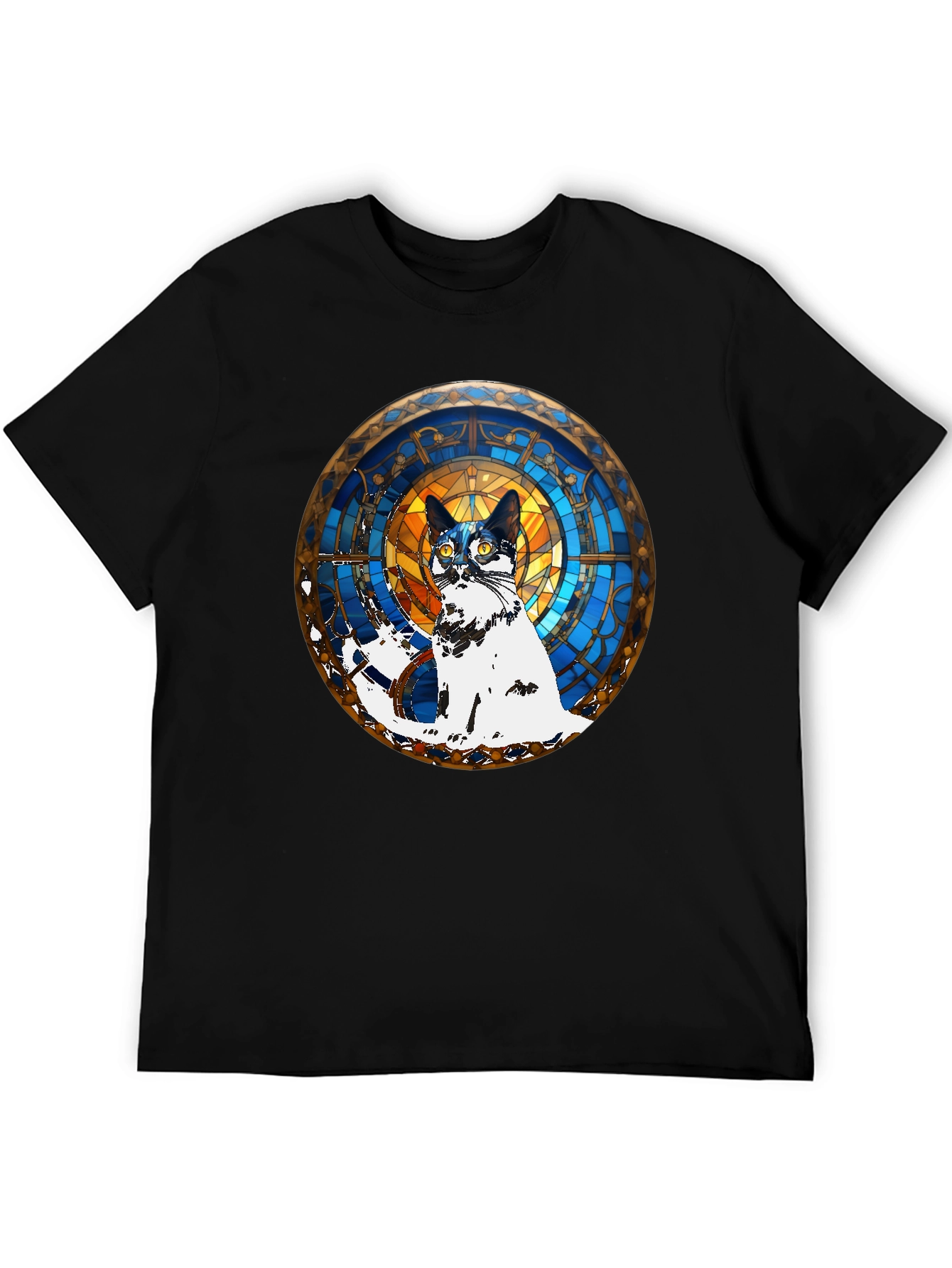 Camiseta Negra con Diseño de Gato Vitral