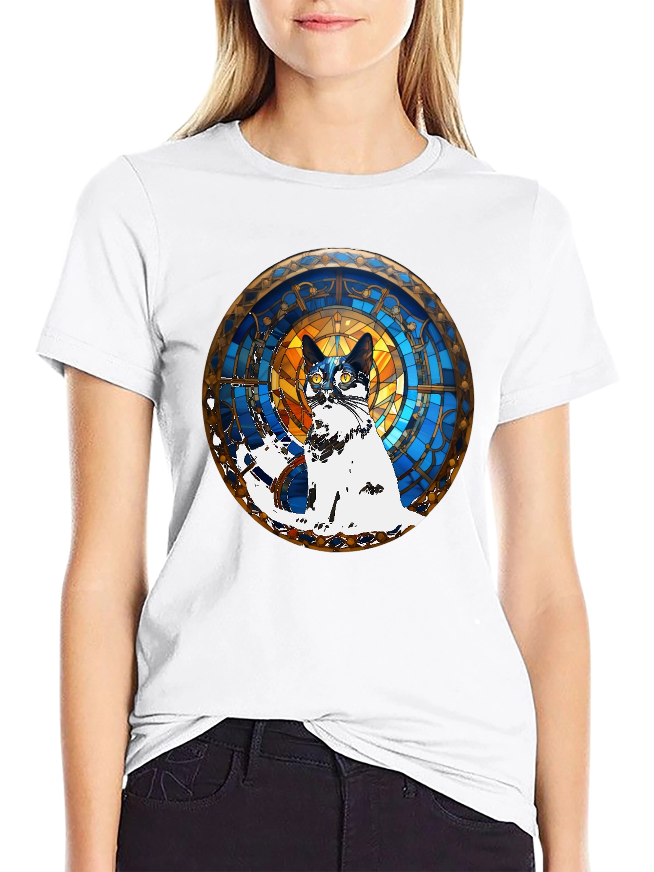 Camiseta Negra con Diseño de Gato Vitral