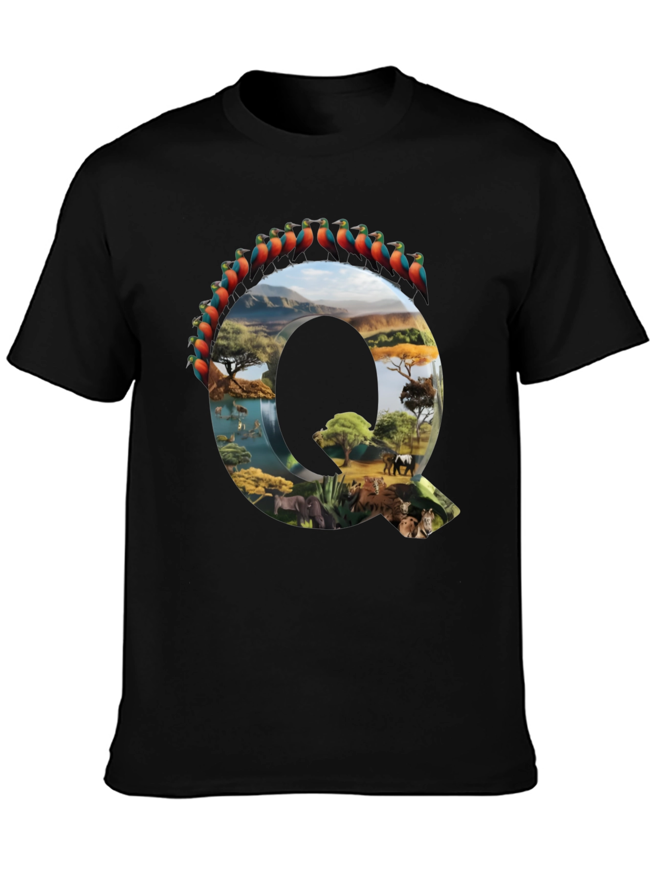 Camiseta Negra con Diseño de Naturaleza Letra Q