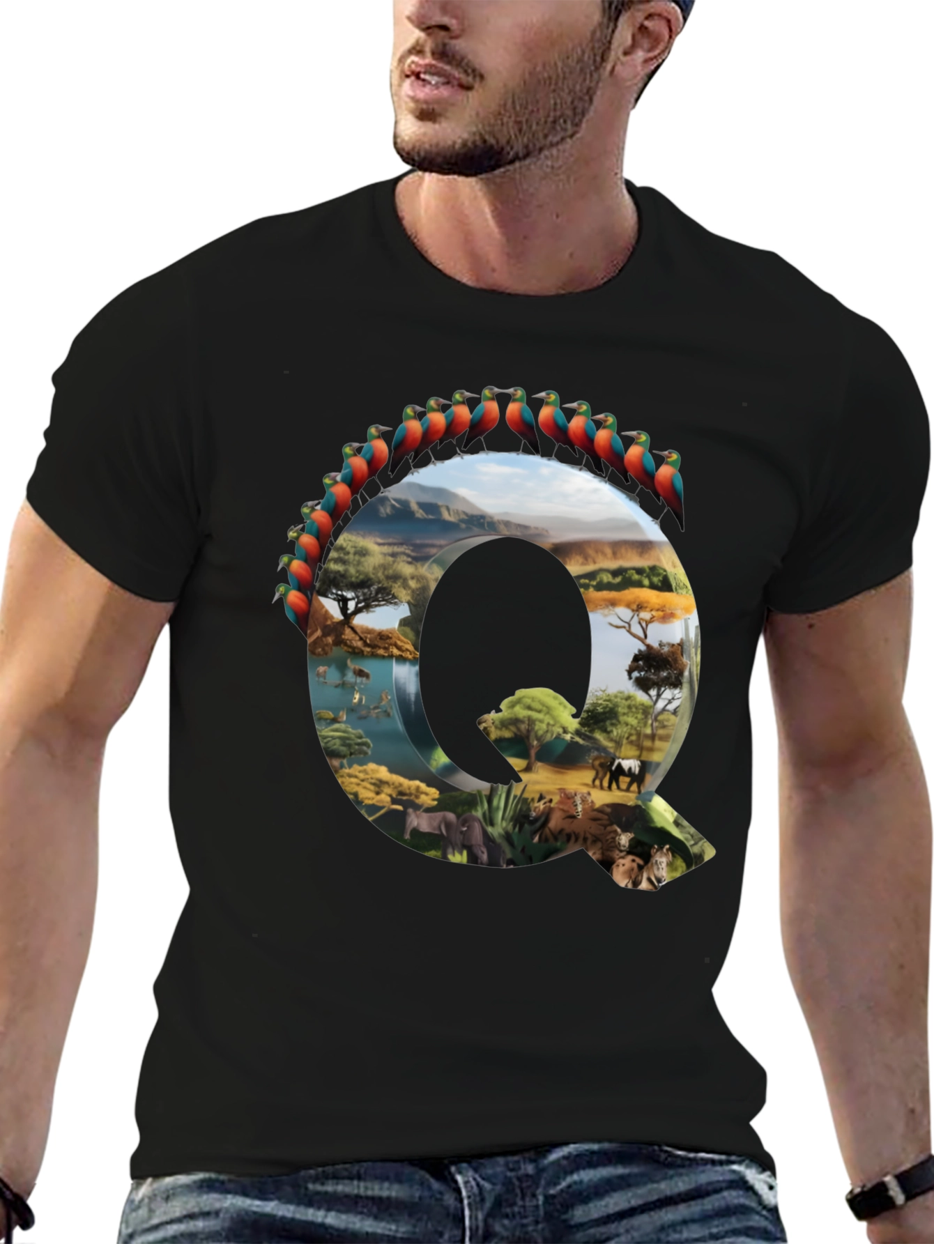 Camiseta Negra con Diseño de Naturaleza Letra Q