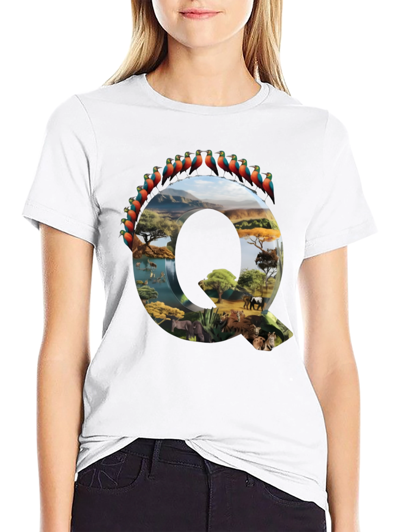 Camiseta Negra con Diseño de Naturaleza Letra Q