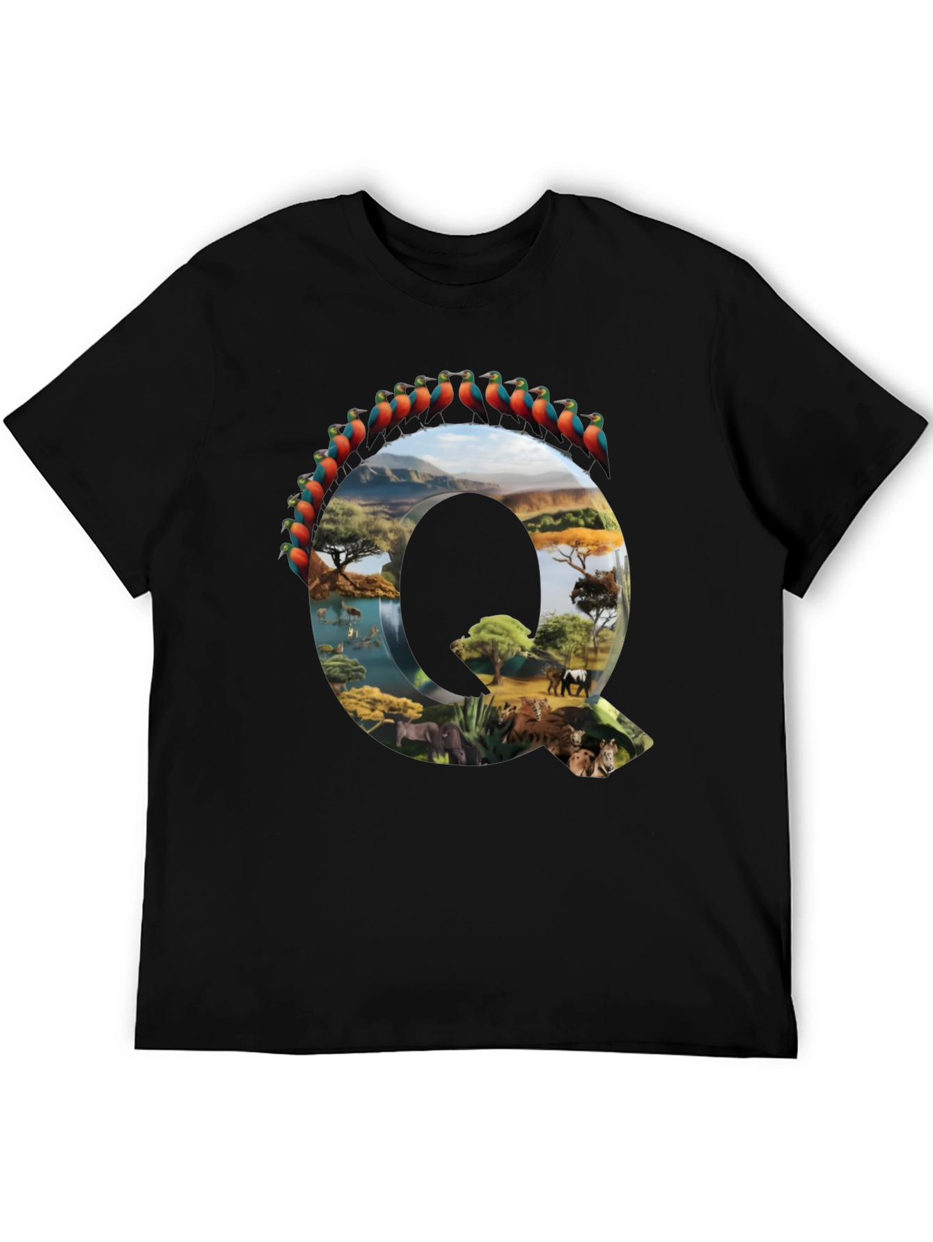 Camiseta Negra con Diseño de Naturaleza Letra Q