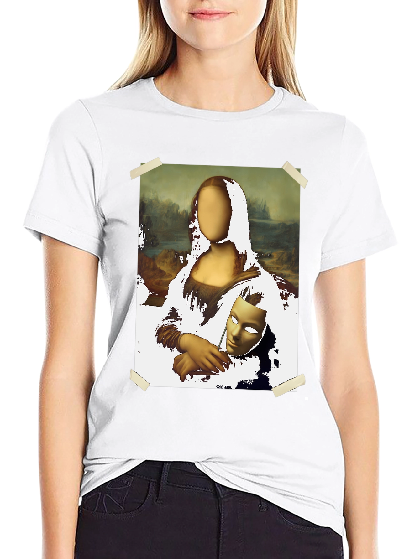Camiseta Negra con Diseño Mona Lisa Abstracta