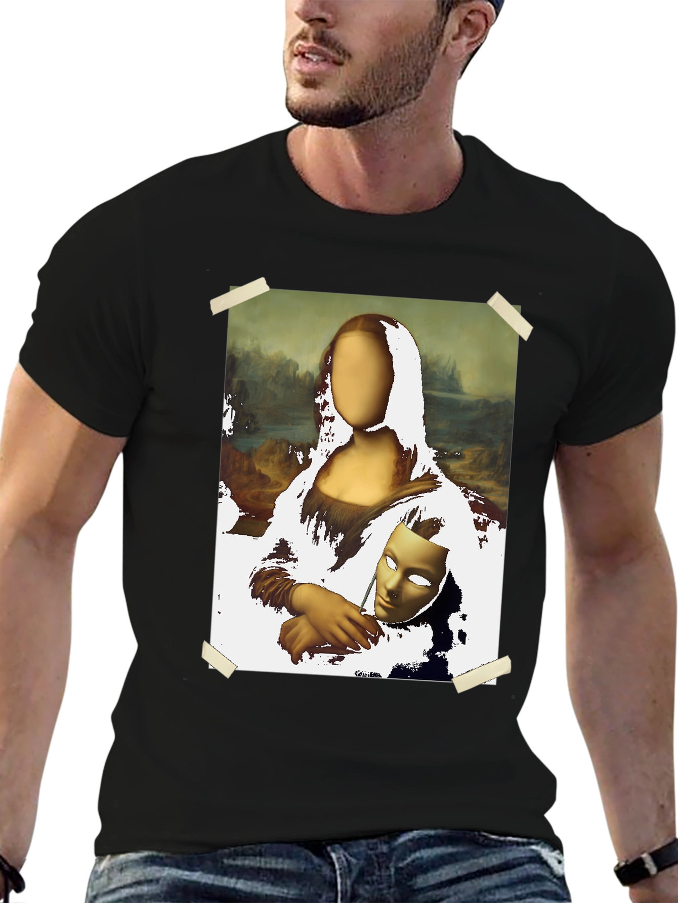 Camiseta Negra con Diseño Mona Lisa Abstracta