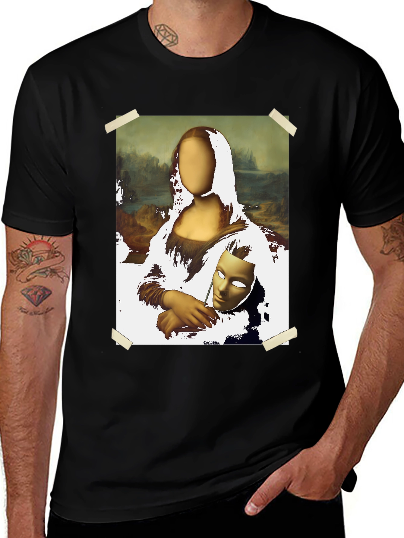 Camiseta Negra con Diseño Mona Lisa Abstracta