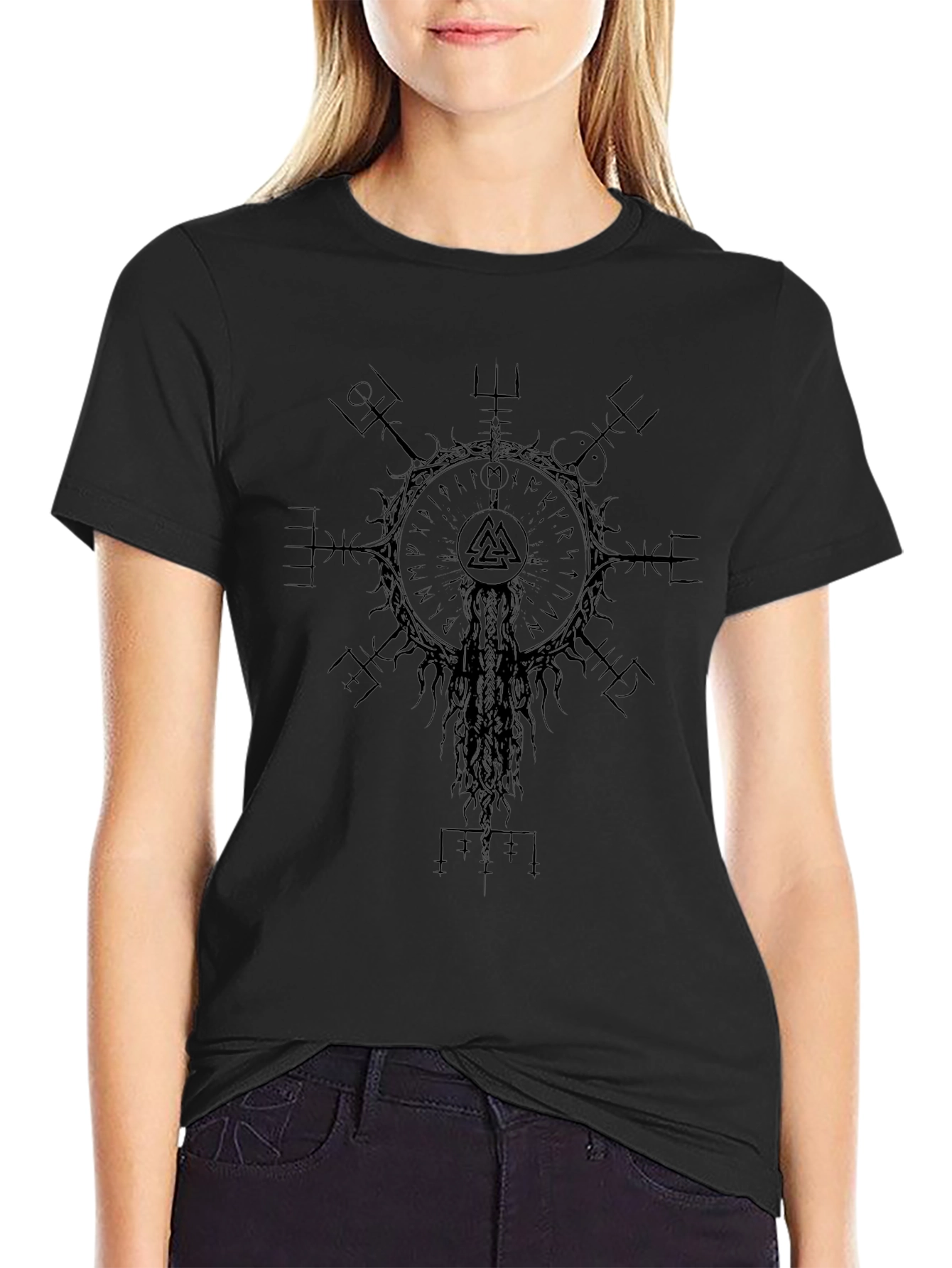 Camiseta Vikinga Negra Vegvísir Valknut Unisex