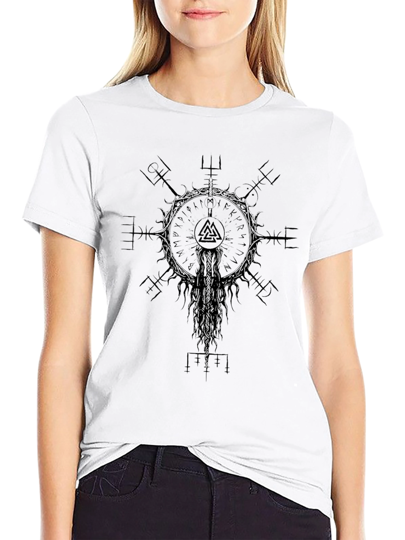 Camiseta Vikinga Negra Vegvísir Valknut Unisex