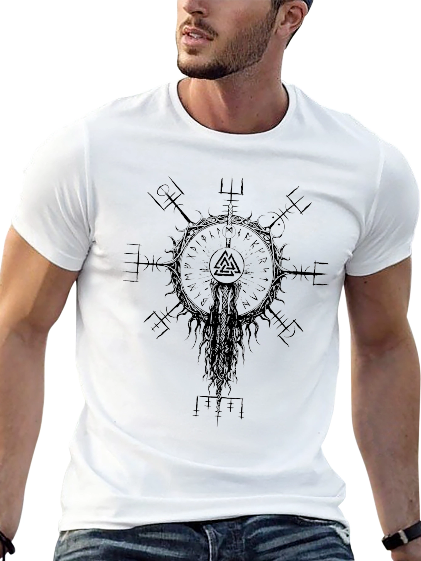 Camiseta Vikinga Negra Vegvísir Valknut Unisex