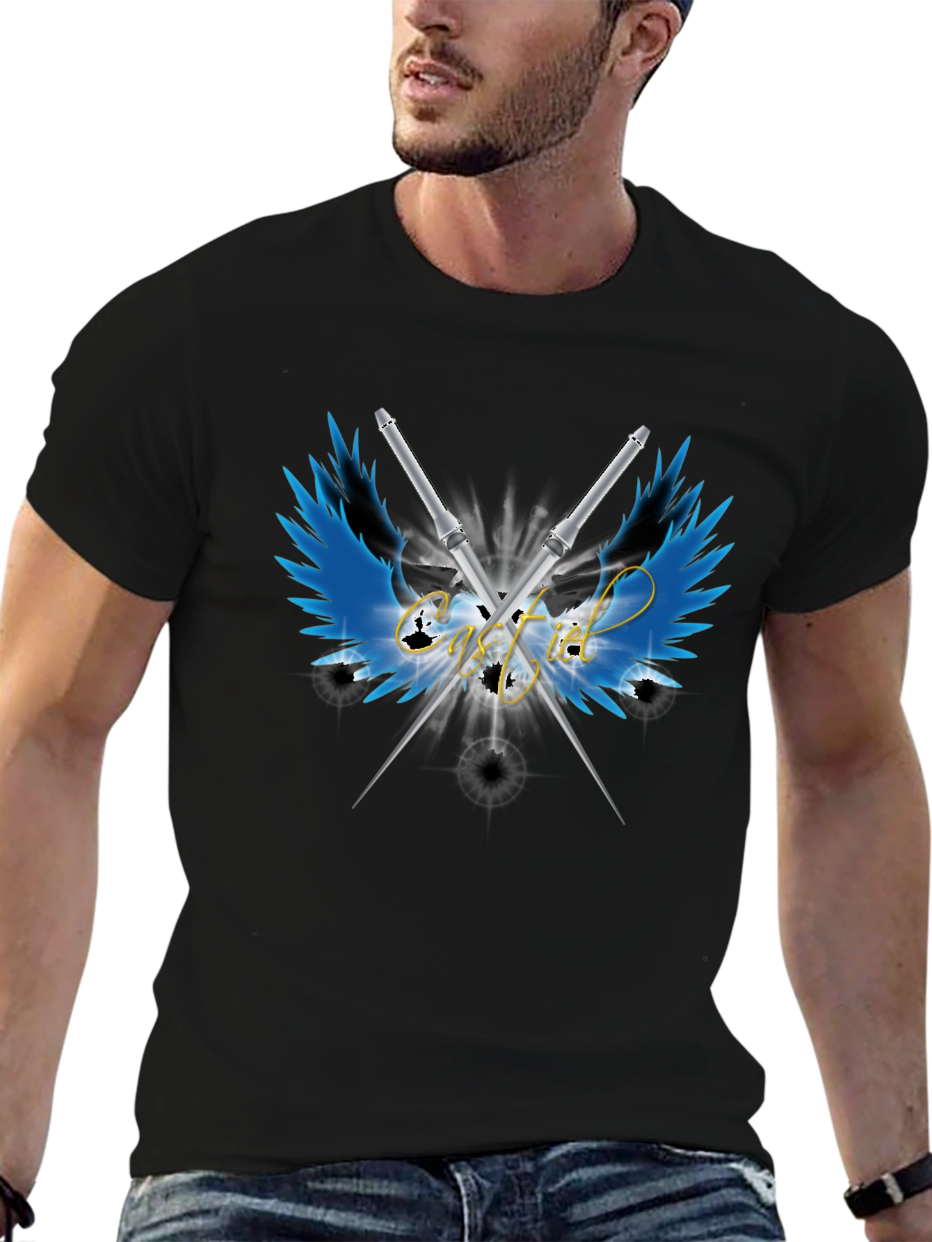 Camiseta Negra Alas y Espadas Cruzadas - Estilo Único
