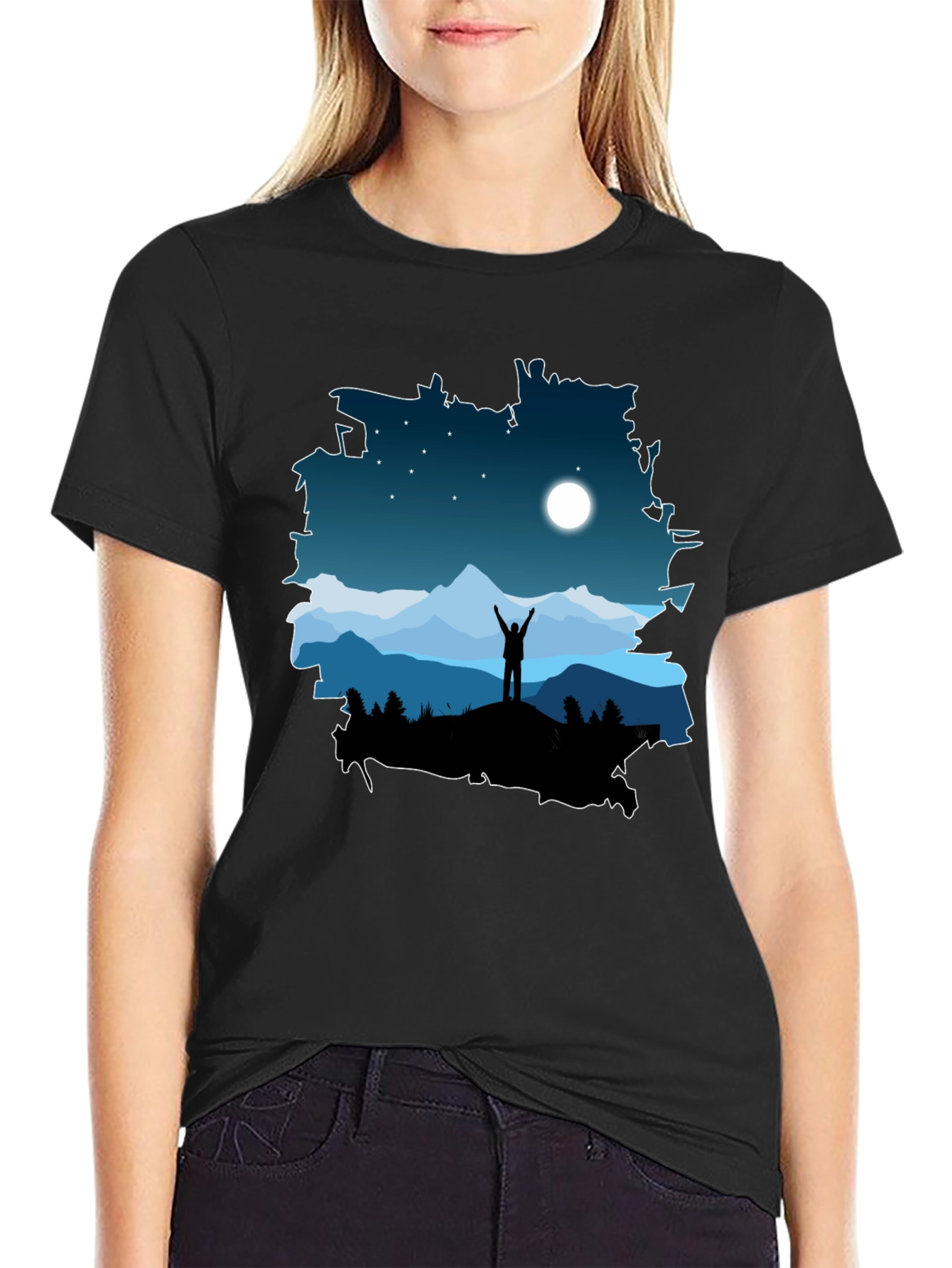Camiseta Negra Diseño Montaña Nocturna