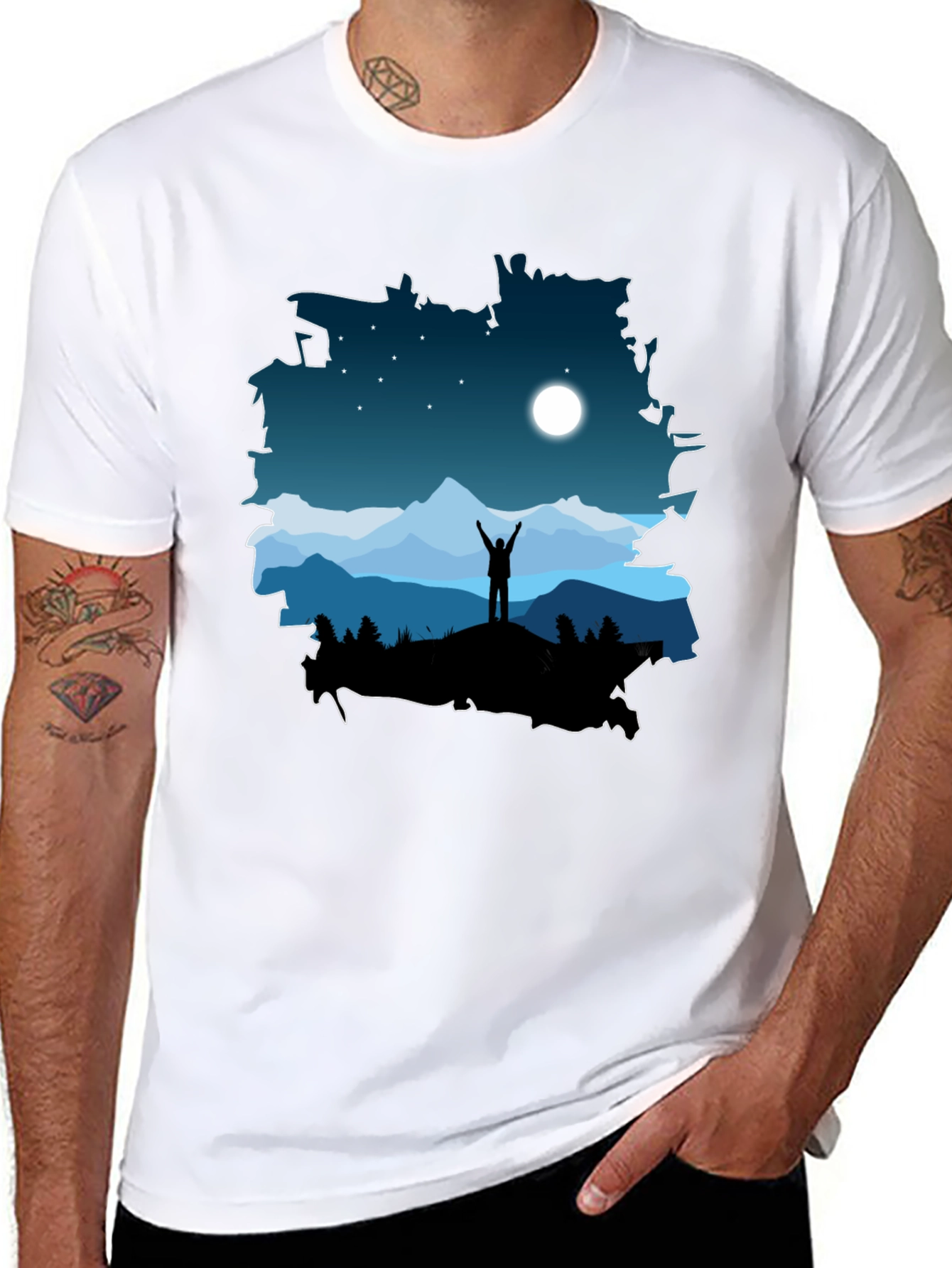 Camiseta Negra Diseño Montaña Nocturna