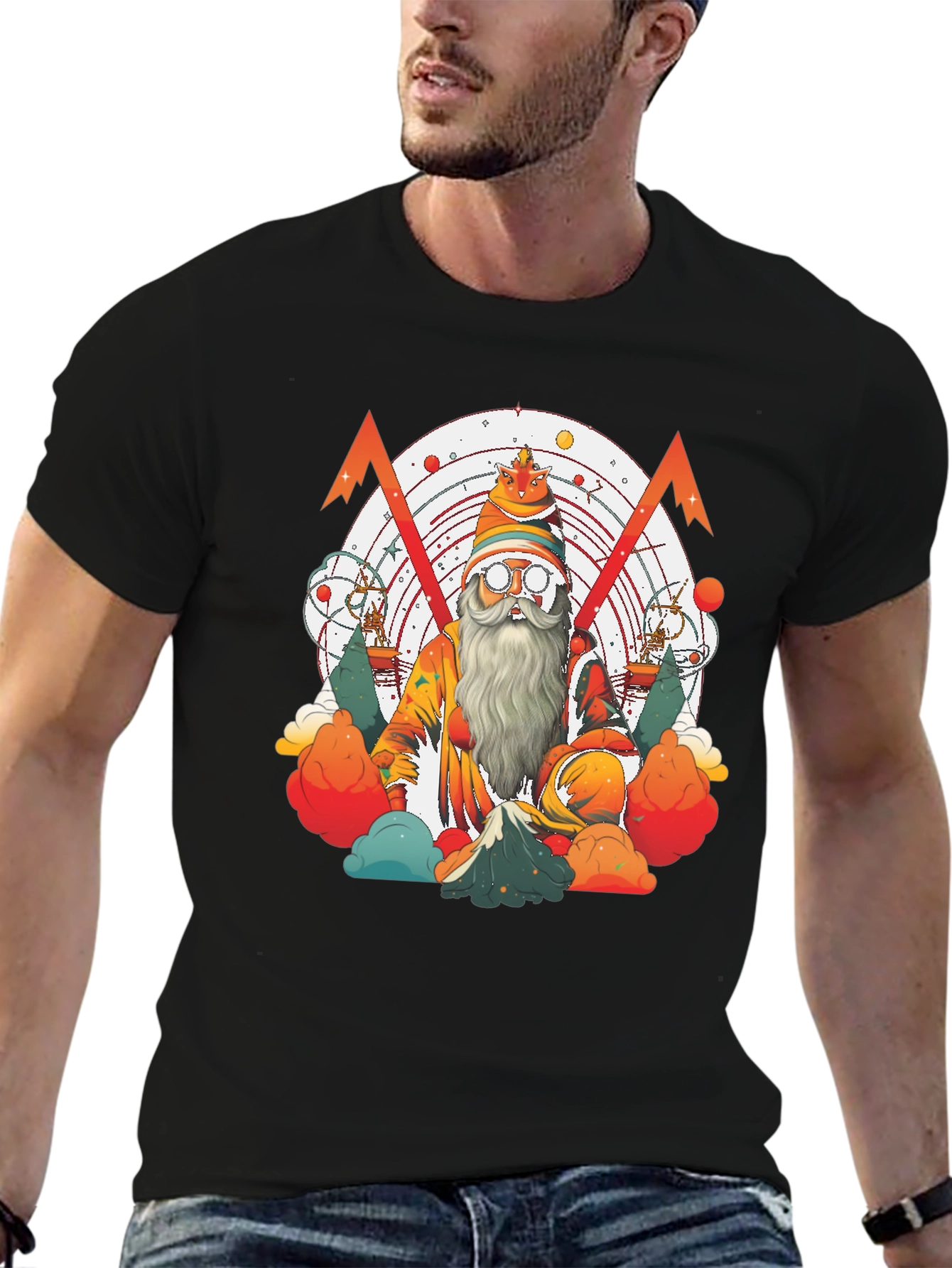 Camiseta Negra con Diseño de Mago Astronómico