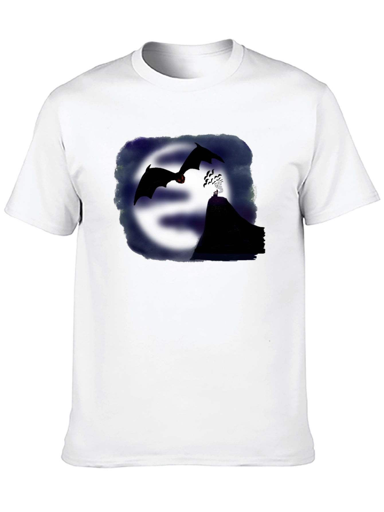 Camiseta Negra con Diseño de Murciélagos y Montaña