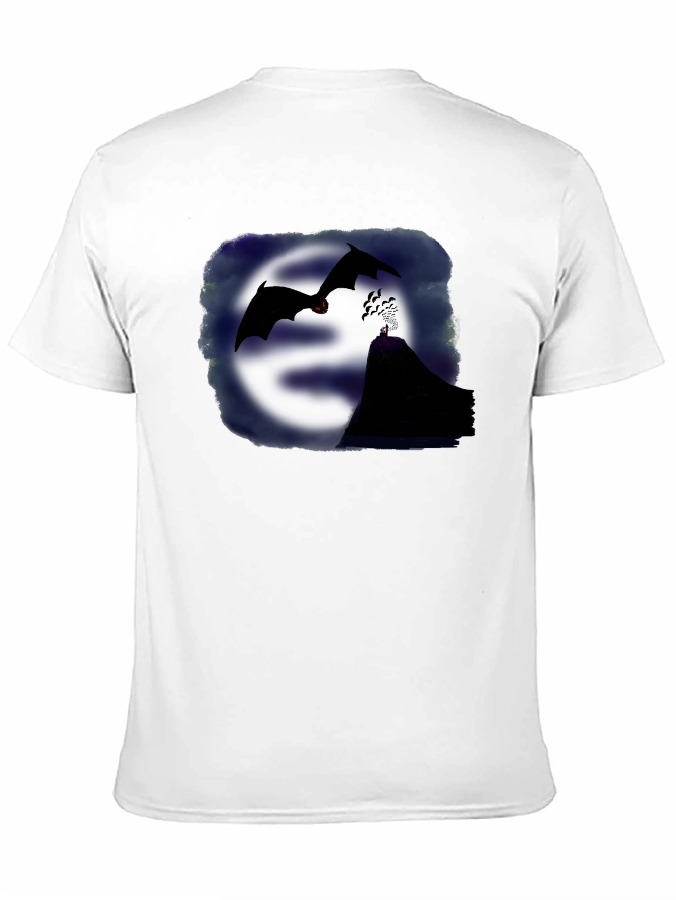 Camiseta Negra con Diseño de Murciélagos y Montaña