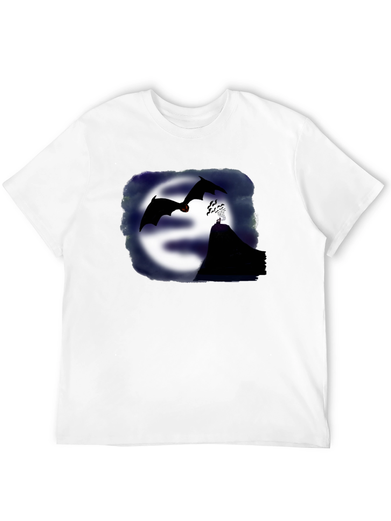 Camiseta Negra con Diseño de Murciélagos y Montaña