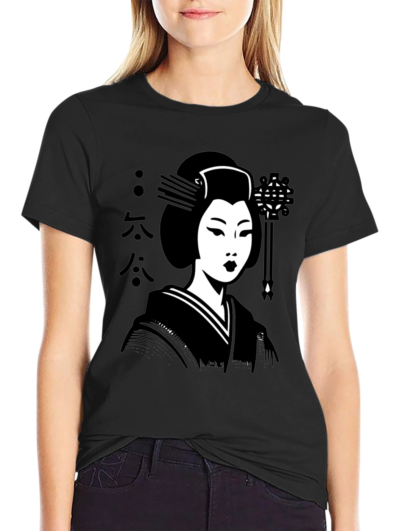 Camiseta Negra con Diseño de Geisha Japonesa