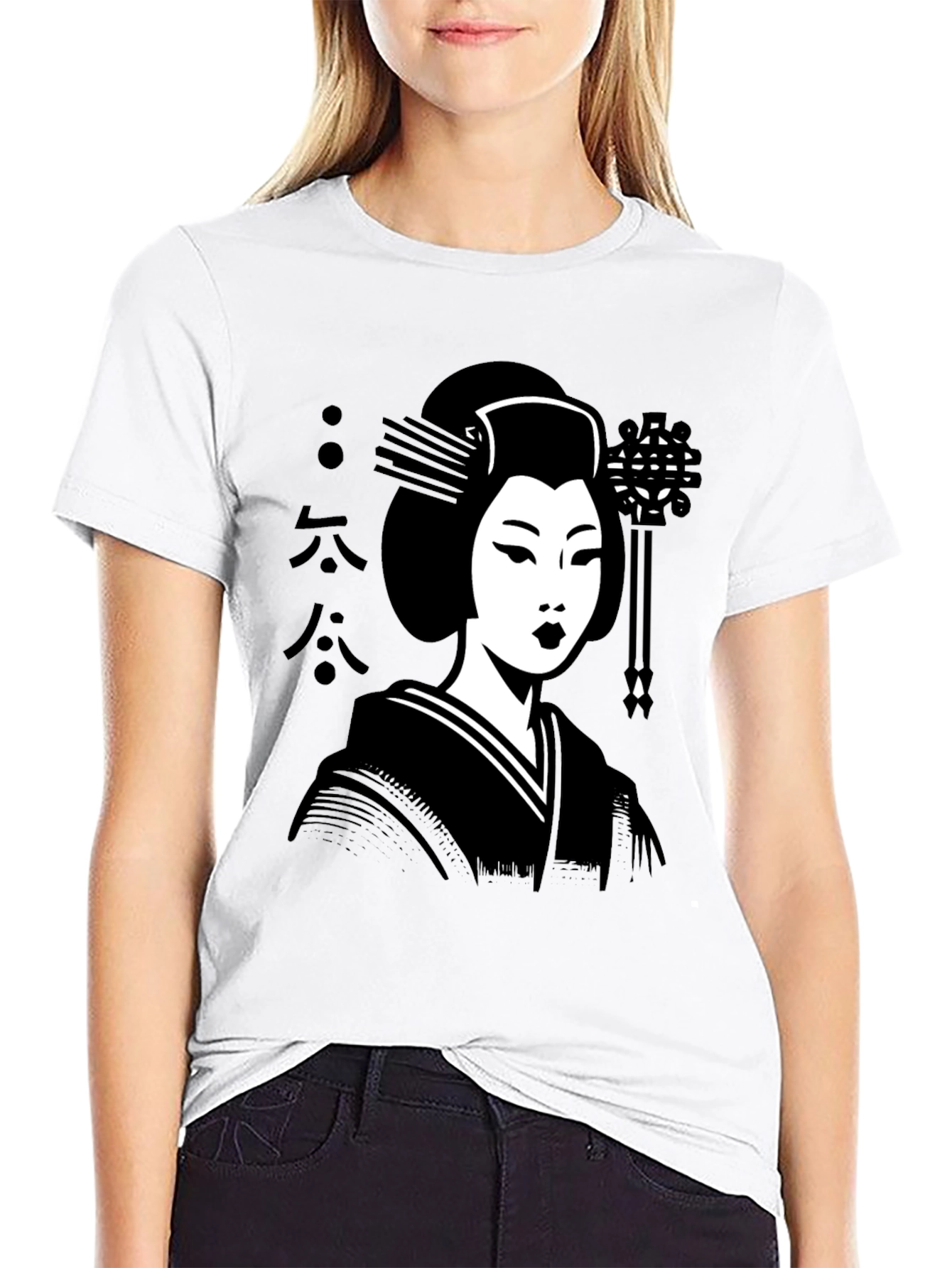 Camiseta Negra con Diseño de Geisha Japonesa