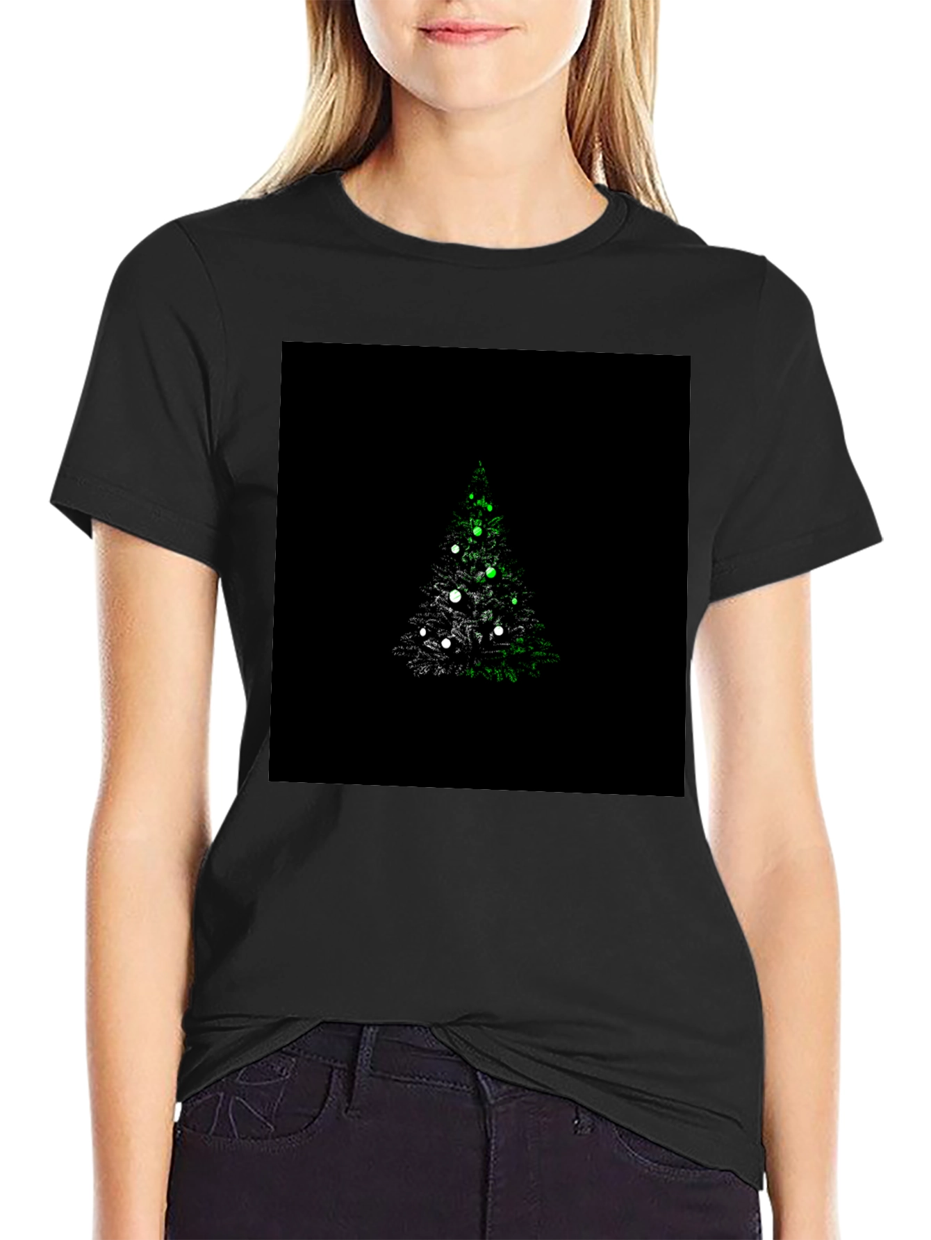 Camiseta Negra con Diseño de Árbol de Navidad Iluminado