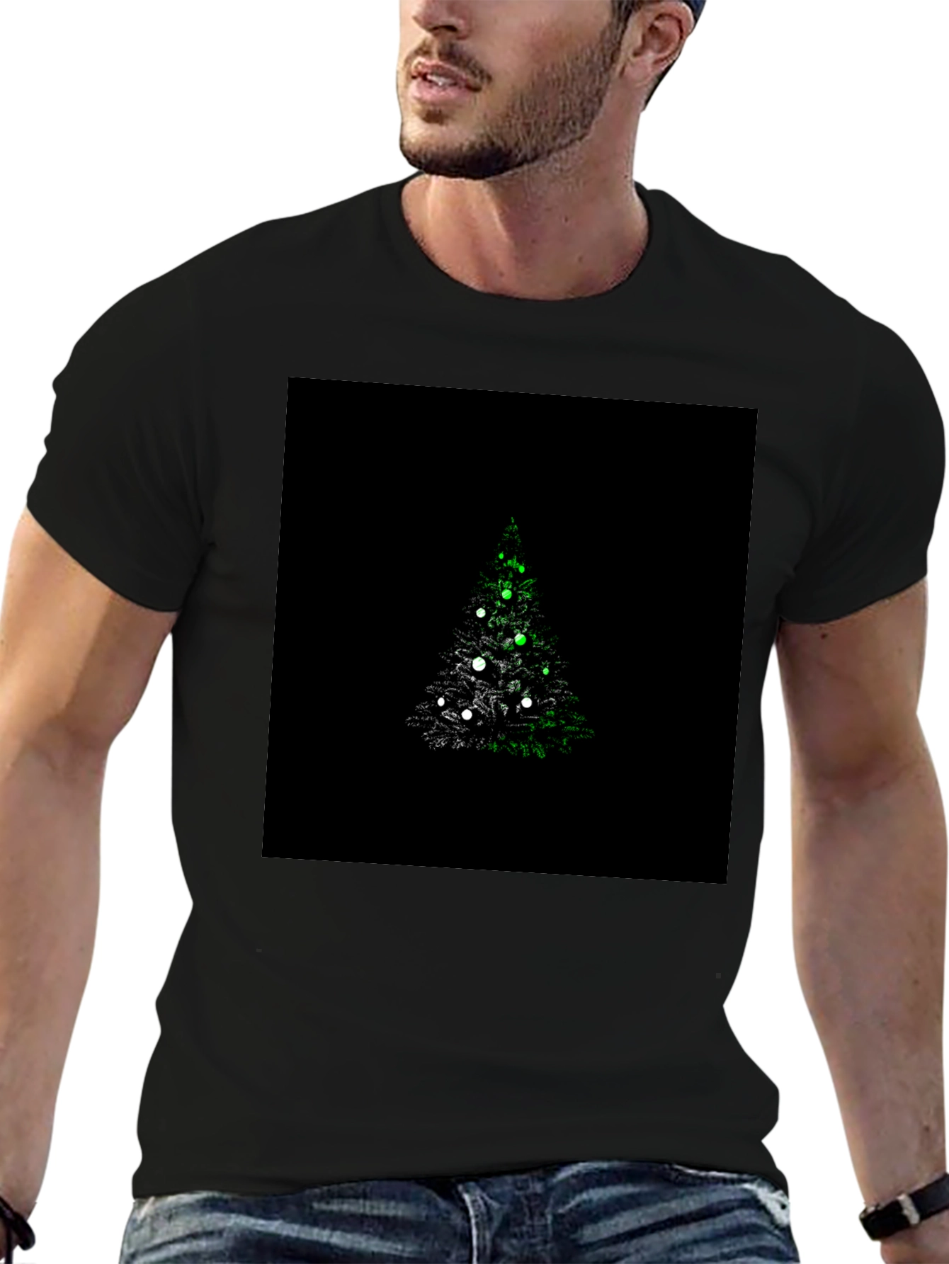 Camiseta Negra con Diseño de Árbol de Navidad Iluminado