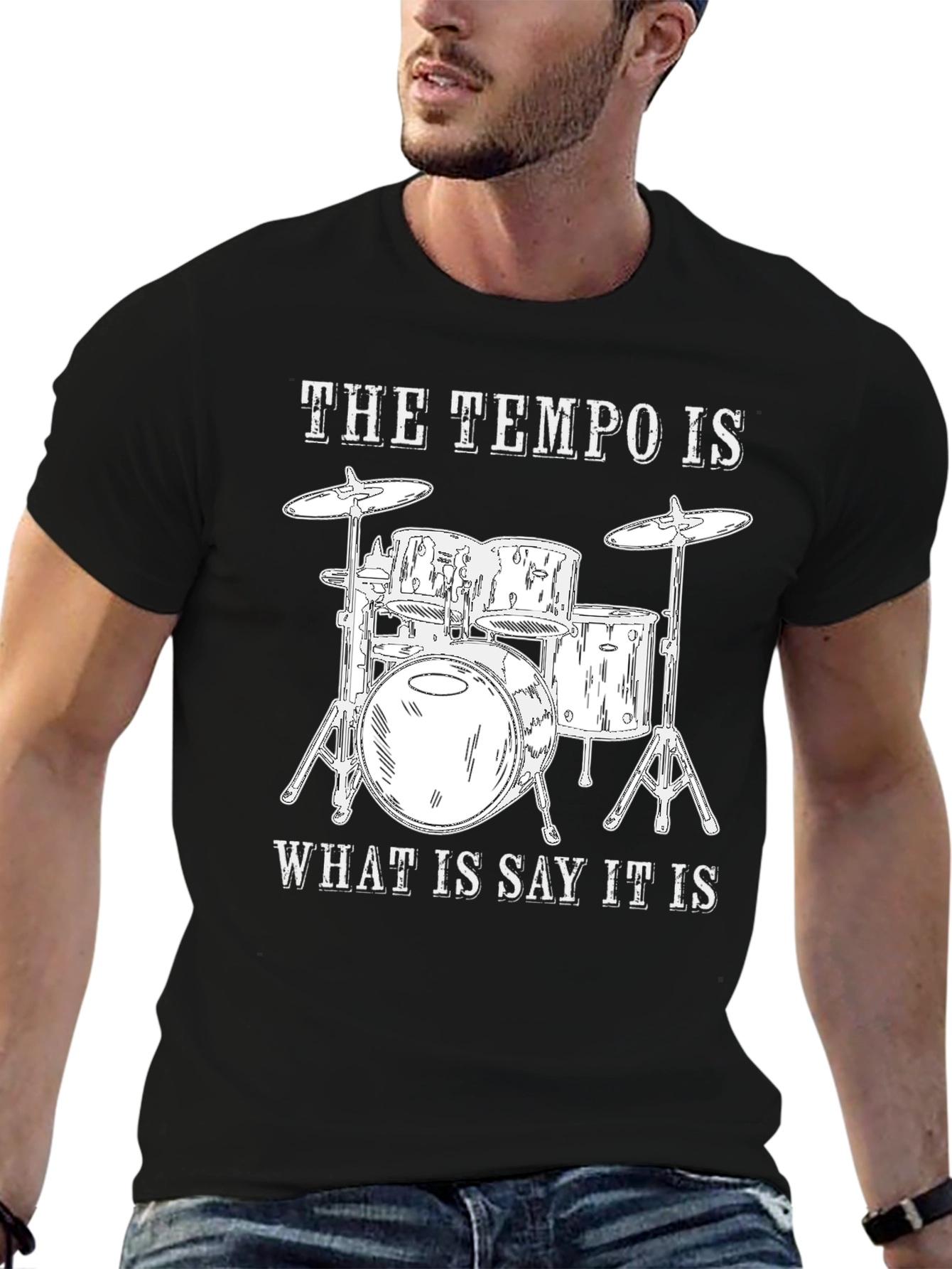 Camiseta Negra con Diseño de Batería y Frase Musical