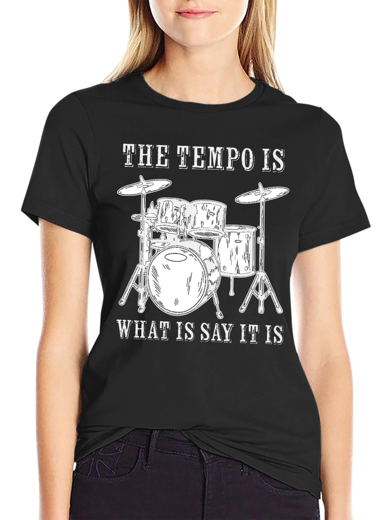 Camiseta Negra con Diseño de Batería y Frase Musical