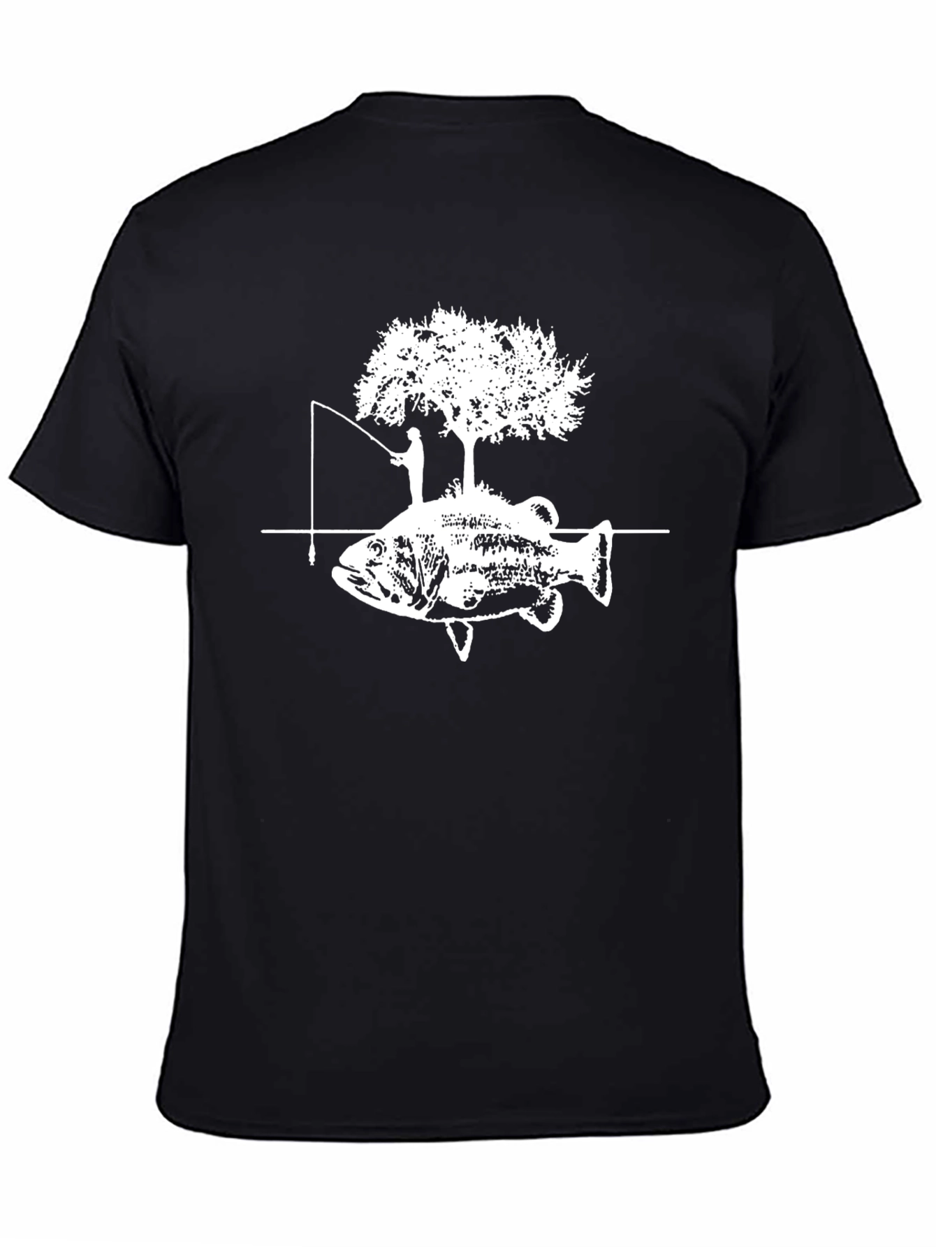 Camiseta Negra con Diseño de Pesca y Árbol