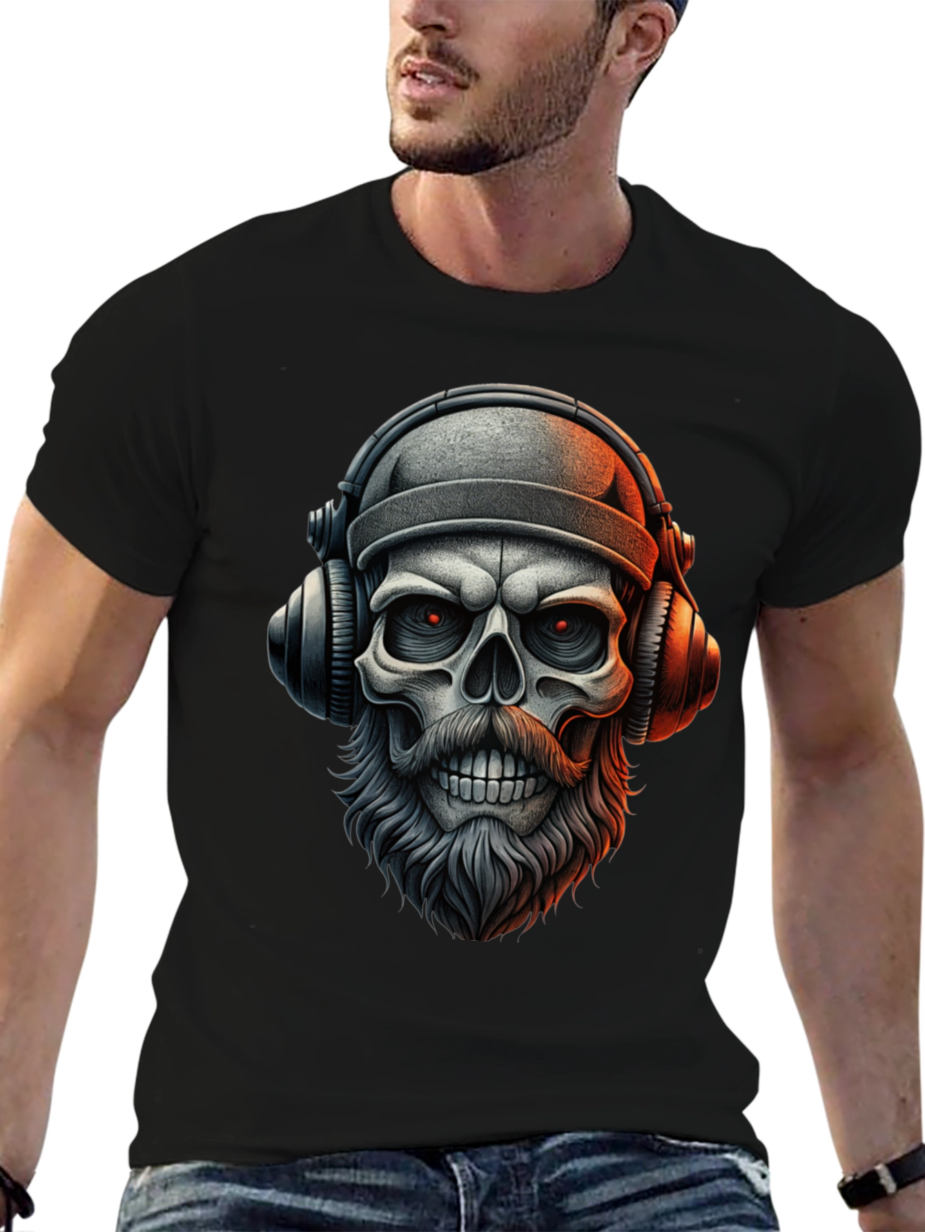 Camiseta Negra con Calavera Barbuda y Audífonos