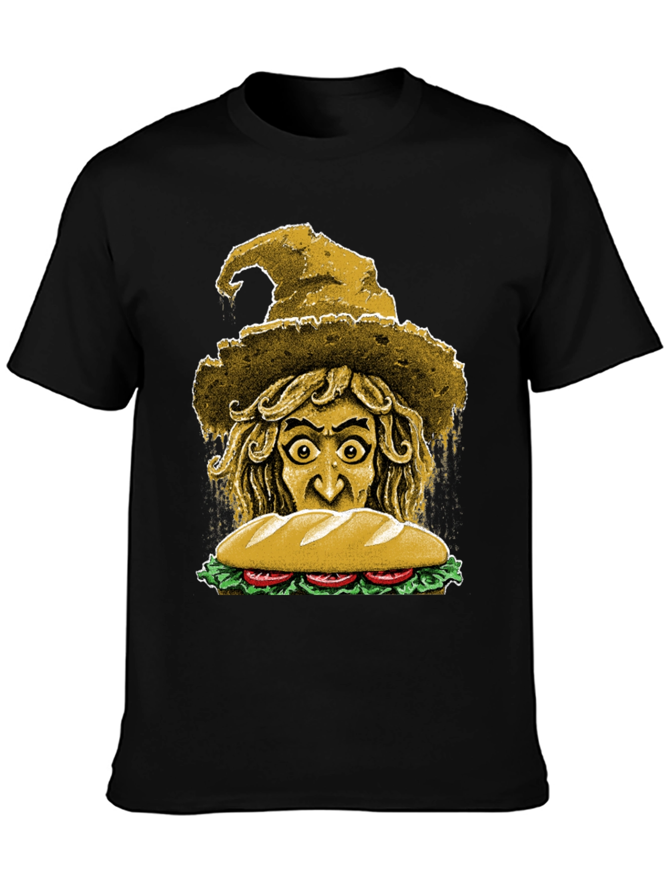 Camiseta Negra con Diseño de Bruja y Sándwich