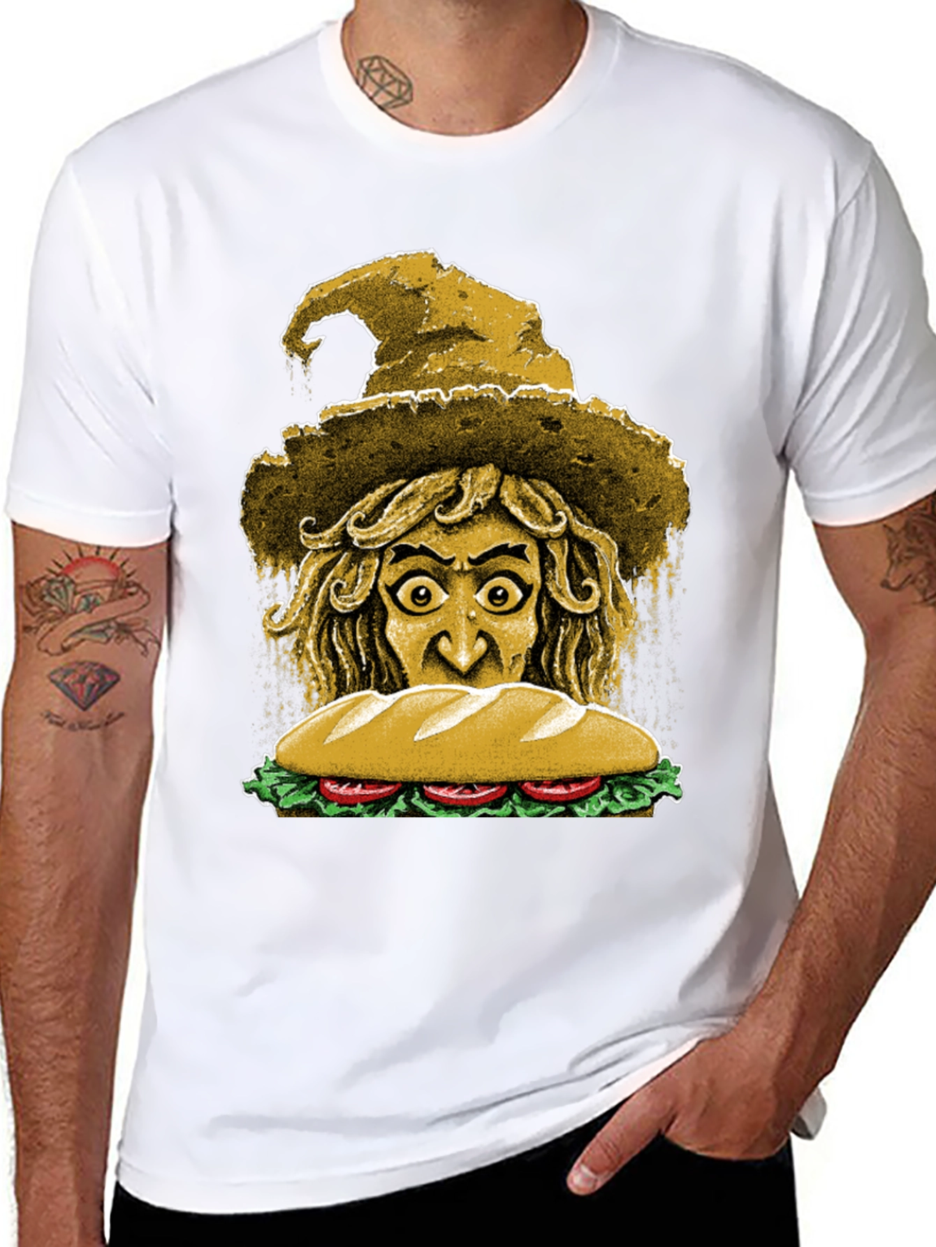 Camiseta Negra con Diseño de Bruja y Sándwich