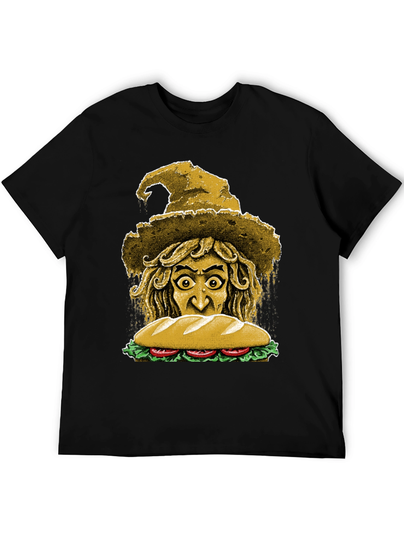 Camiseta Negra con Diseño de Bruja y Sándwich