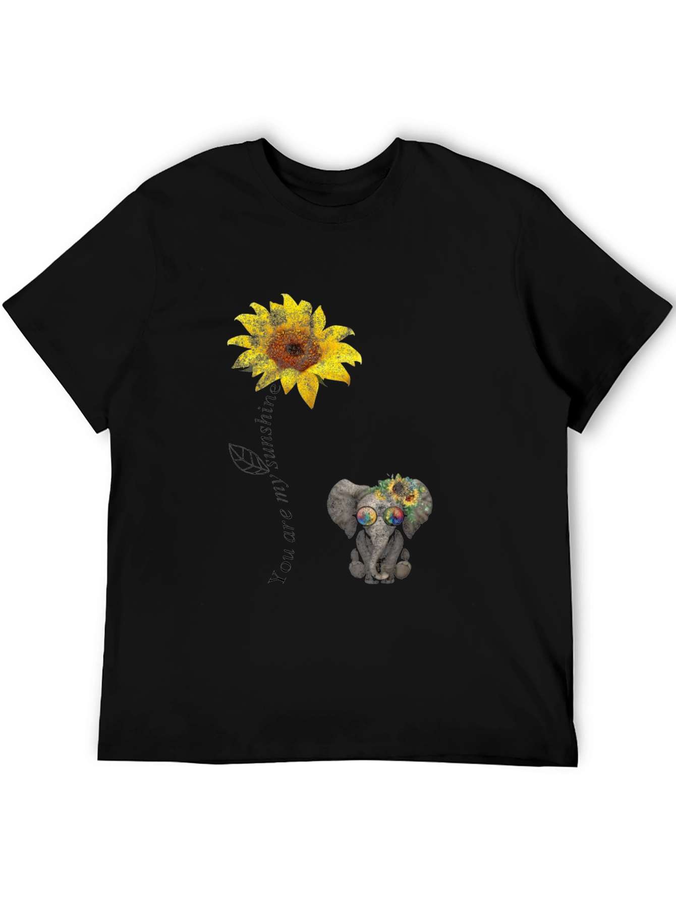 Camiseta Negra con Girasol y Elefante Hippie