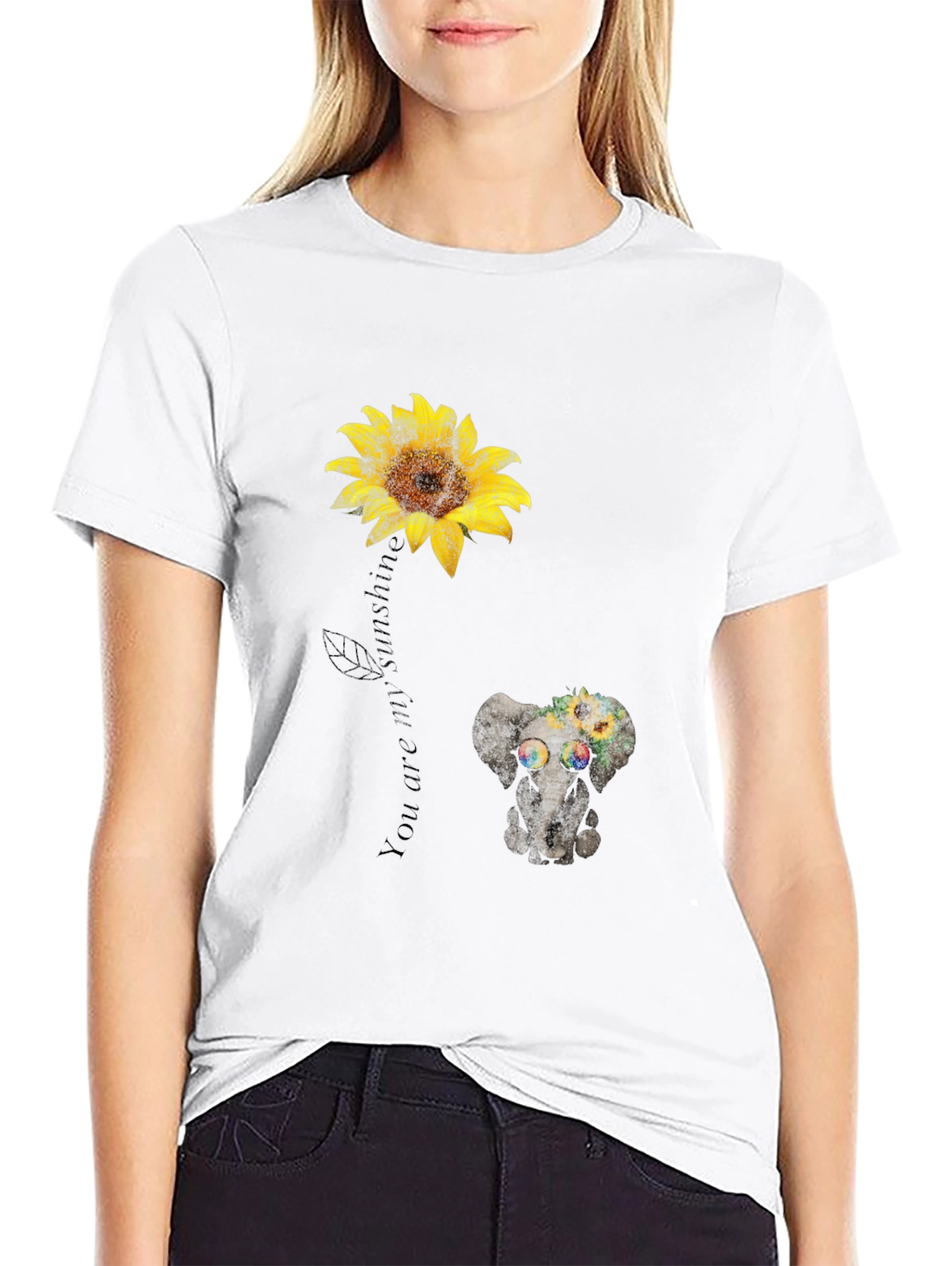 Camiseta Negra con Girasol y Elefante Hippie
