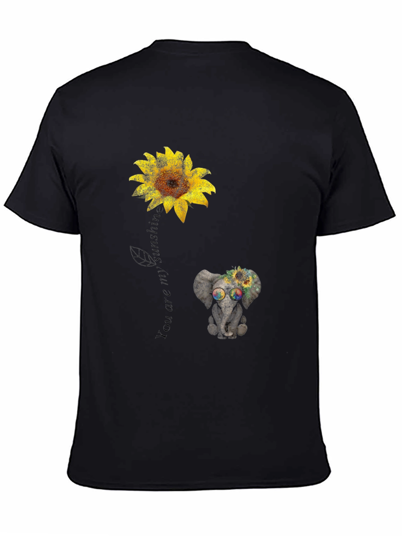 Camiseta Negra con Girasol y Elefante Hippie