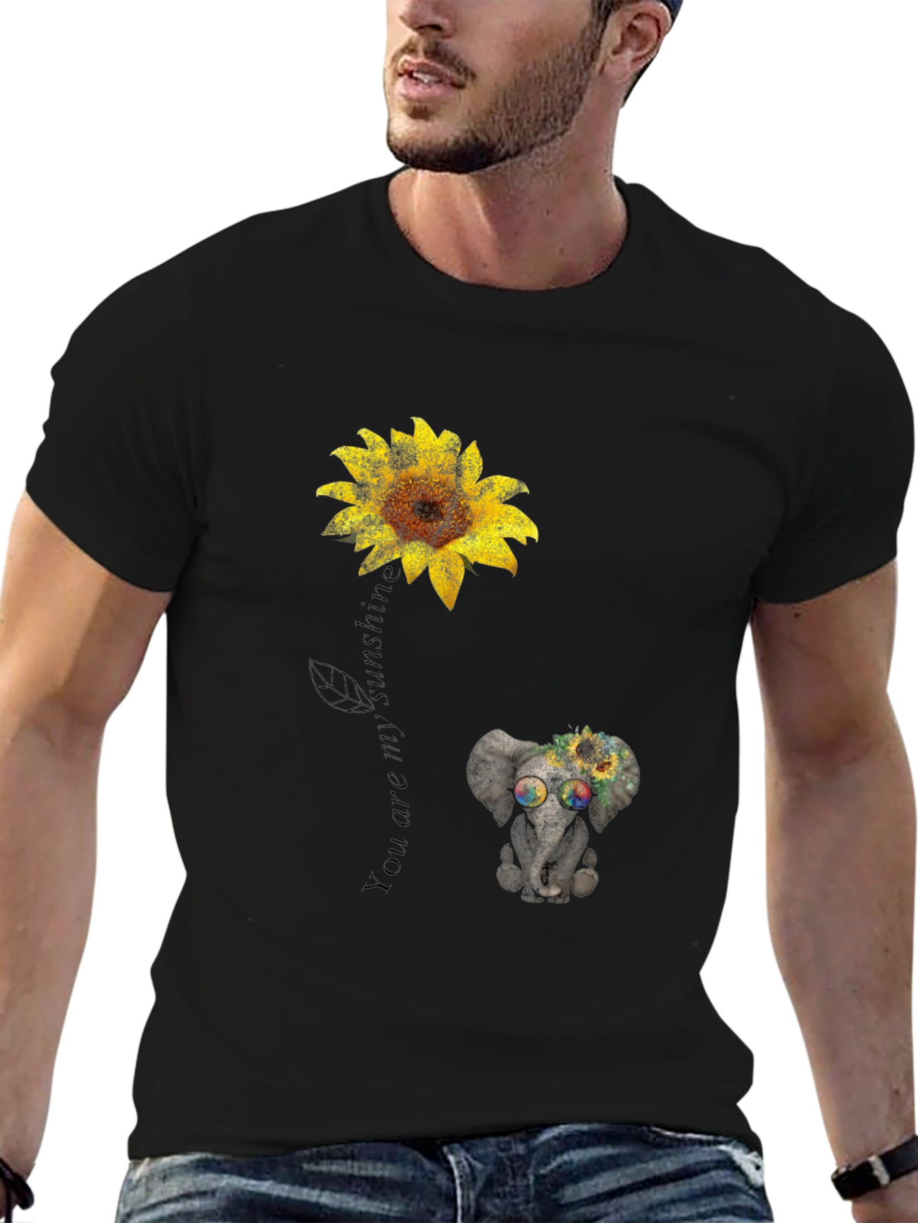 Camiseta Negra con Girasol y Elefante Hippie